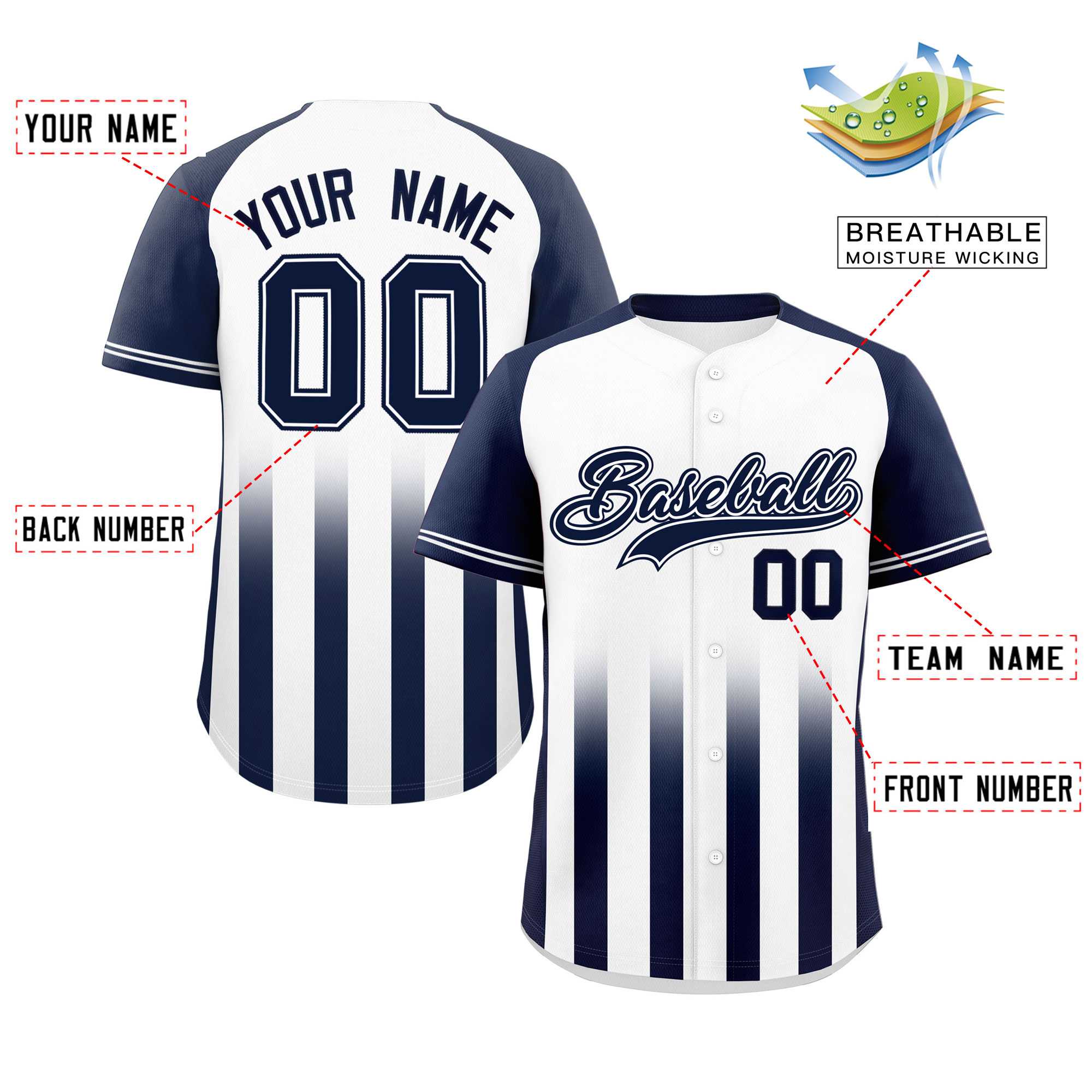 Custom White Navy Raglan Sleeves Gradient Thick Stripe Authentic Baseball Jersey