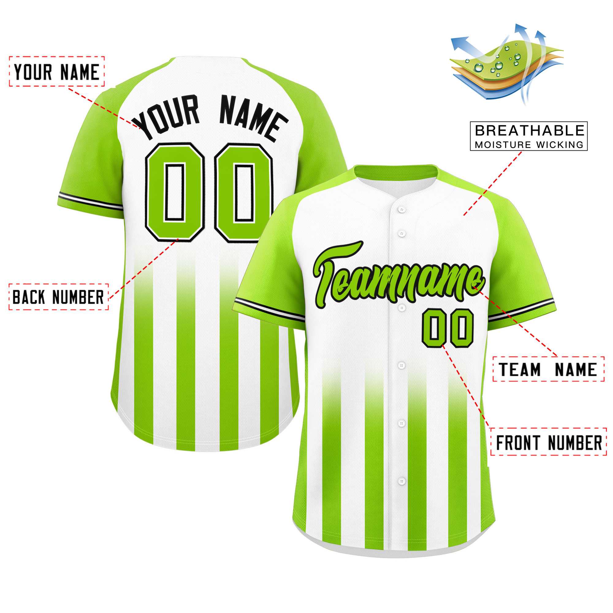 Custom White Neon Green Raglan Sleeves Gradient Thick Stripe Authentic Baseball Jersey