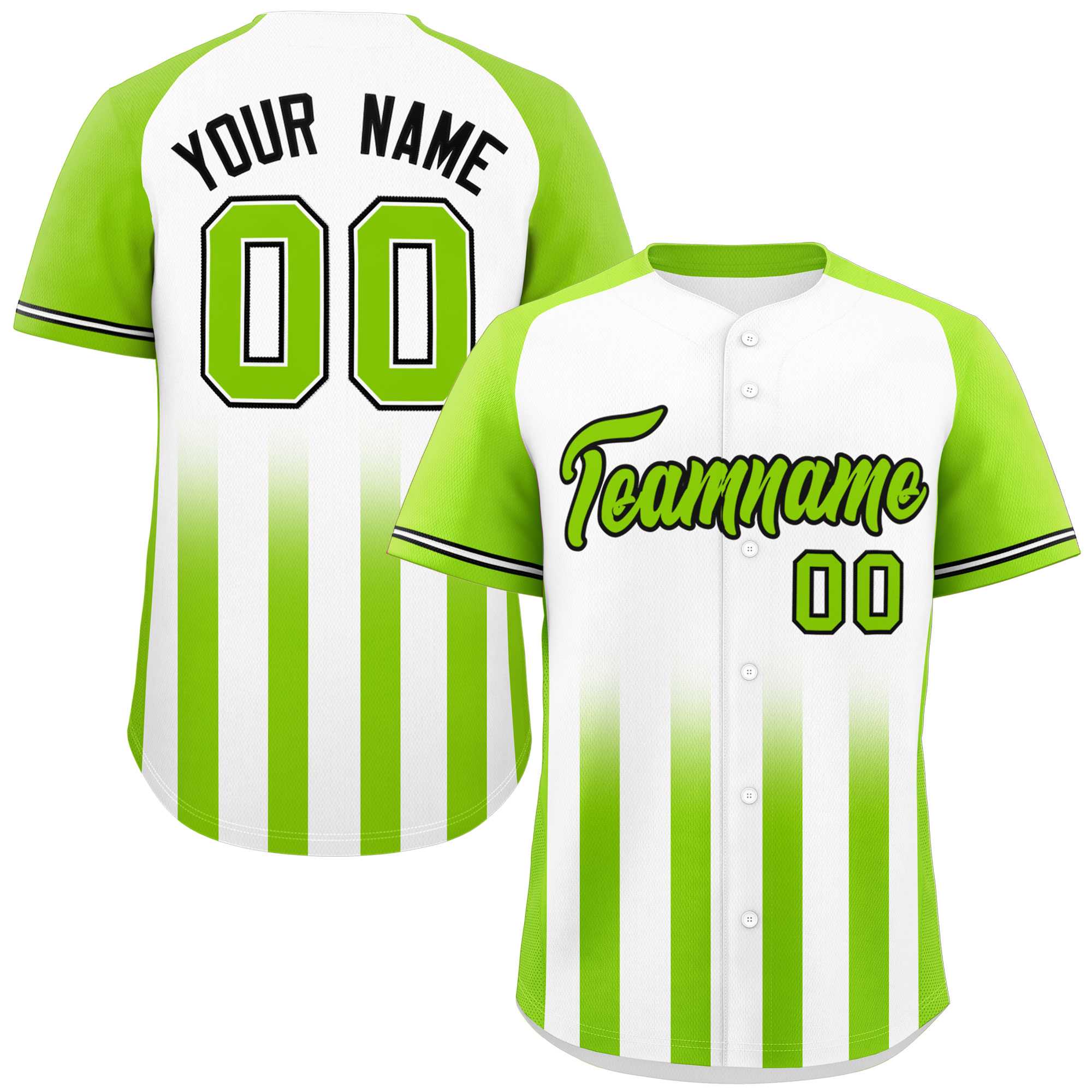 Custom White Neon Green Raglan Sleeves Gradient Thick Stripe Authentic Baseball Jersey