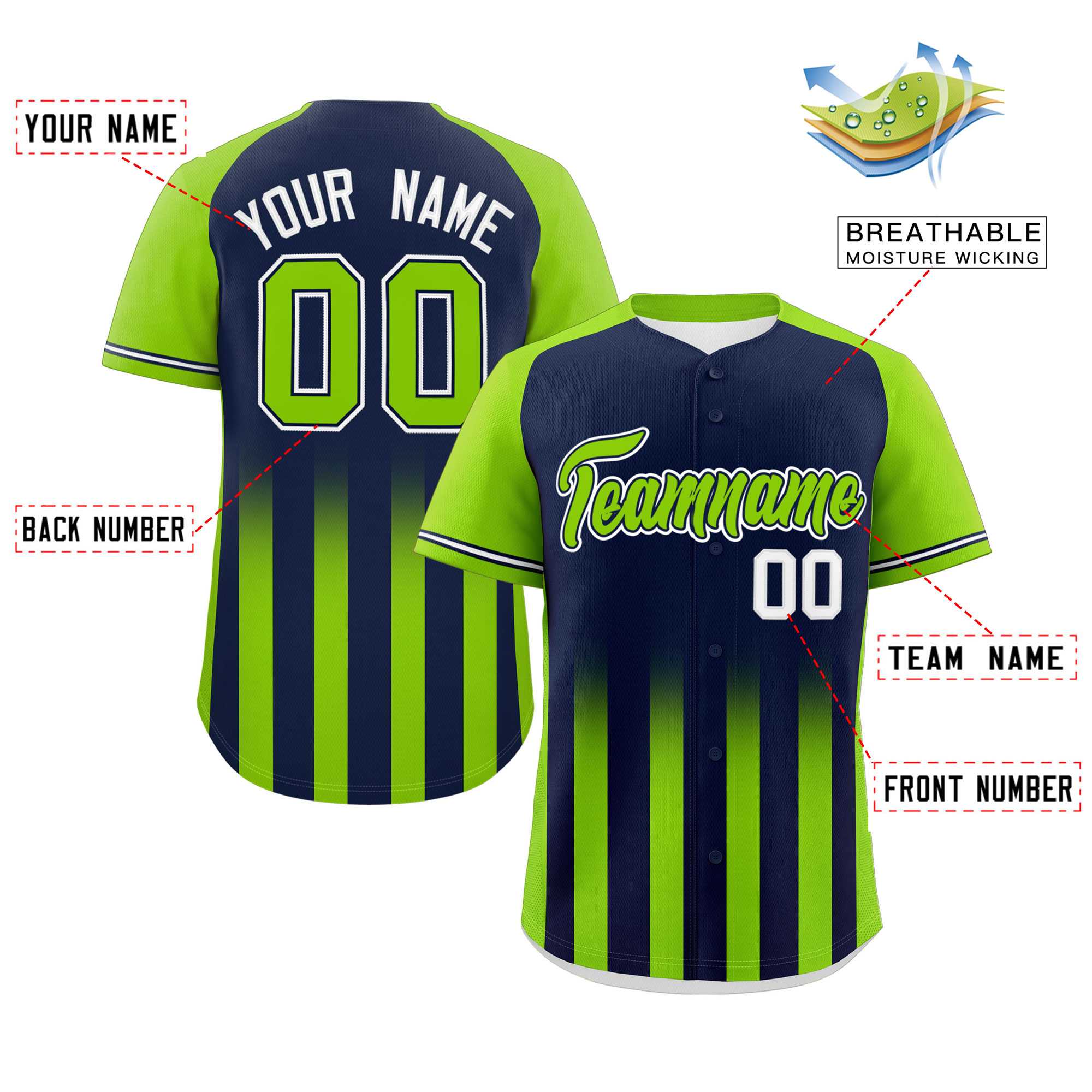 Custom Navy Neon Green Raglan Sleeves Gradient Thick Stripe Authentic Baseball Jersey