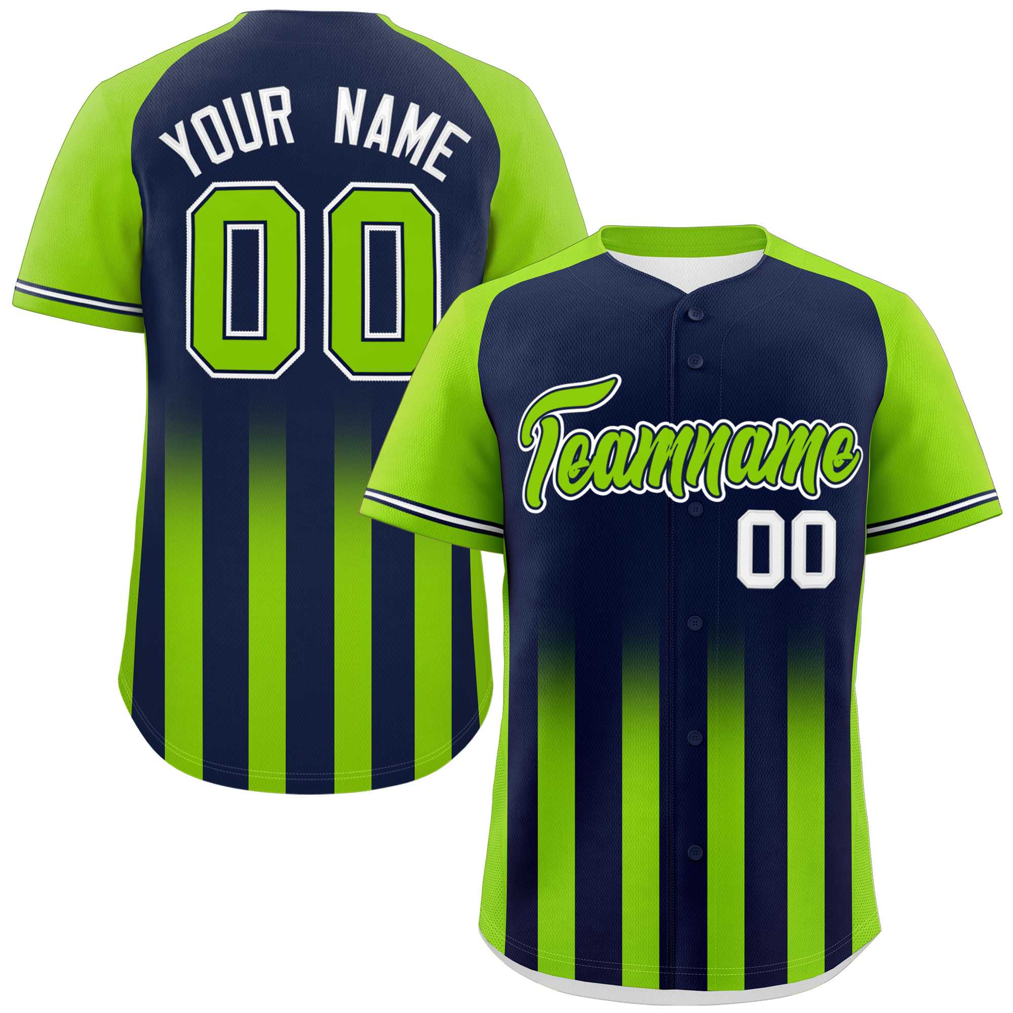 Custom Navy Neon Green Raglan Sleeves Gradient Thick Stripe Authentic Baseball Jersey