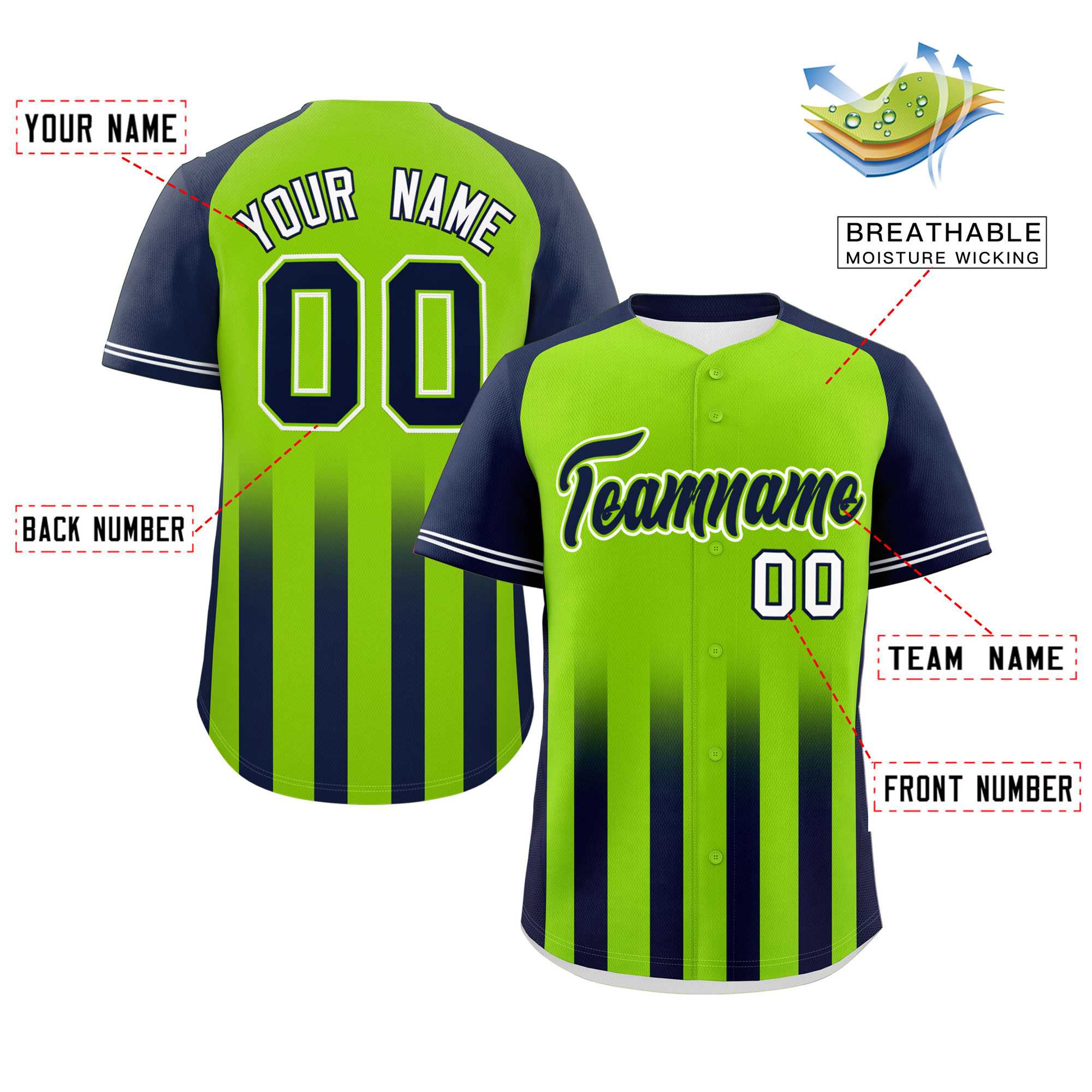 Custom Neon Green Navy Raglan Sleeves Gradient Thick Stripe Authentic Baseball Jersey