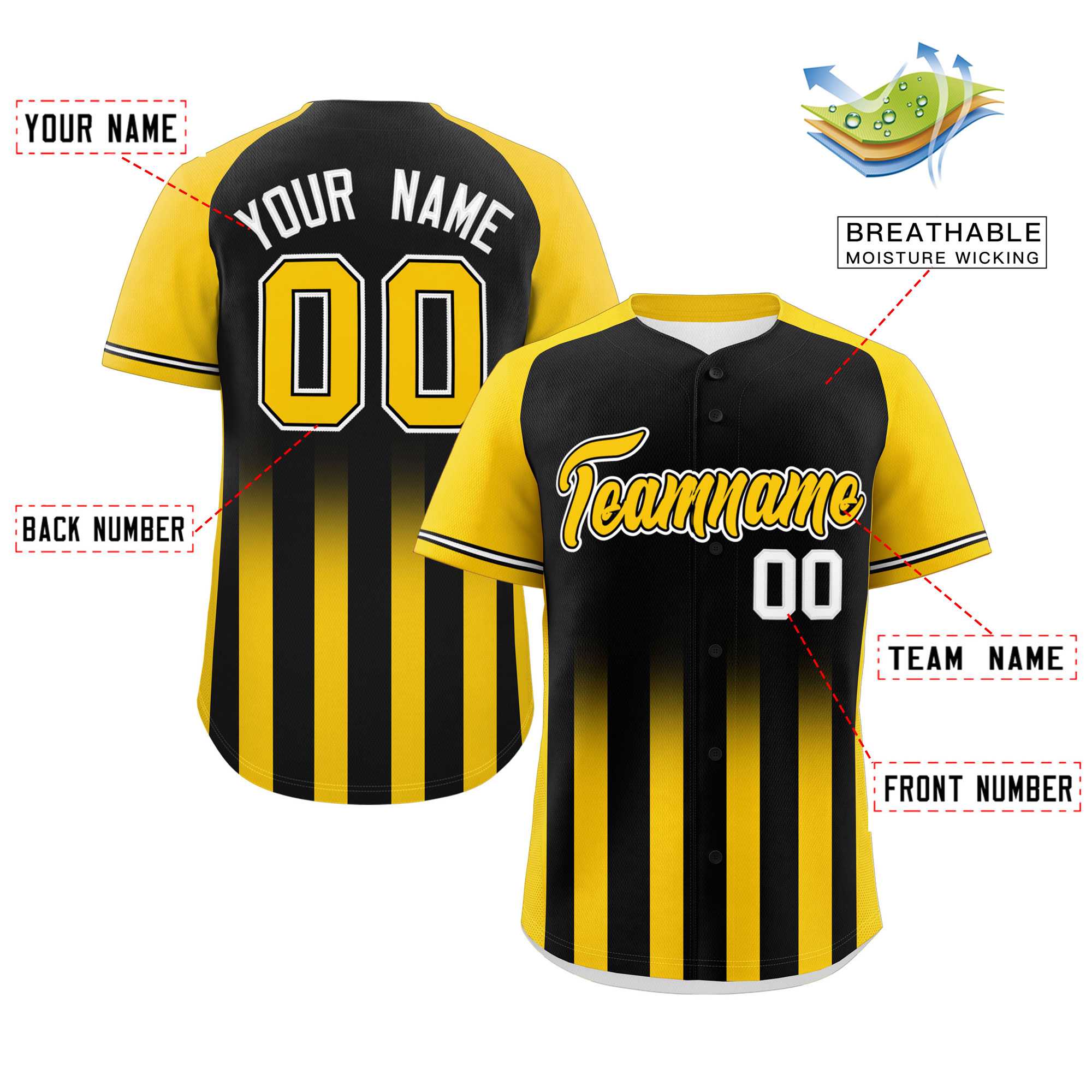 Custom Black Gold Raglan Sleeves Gradient Thick Stripe Authentic Baseball Jersey