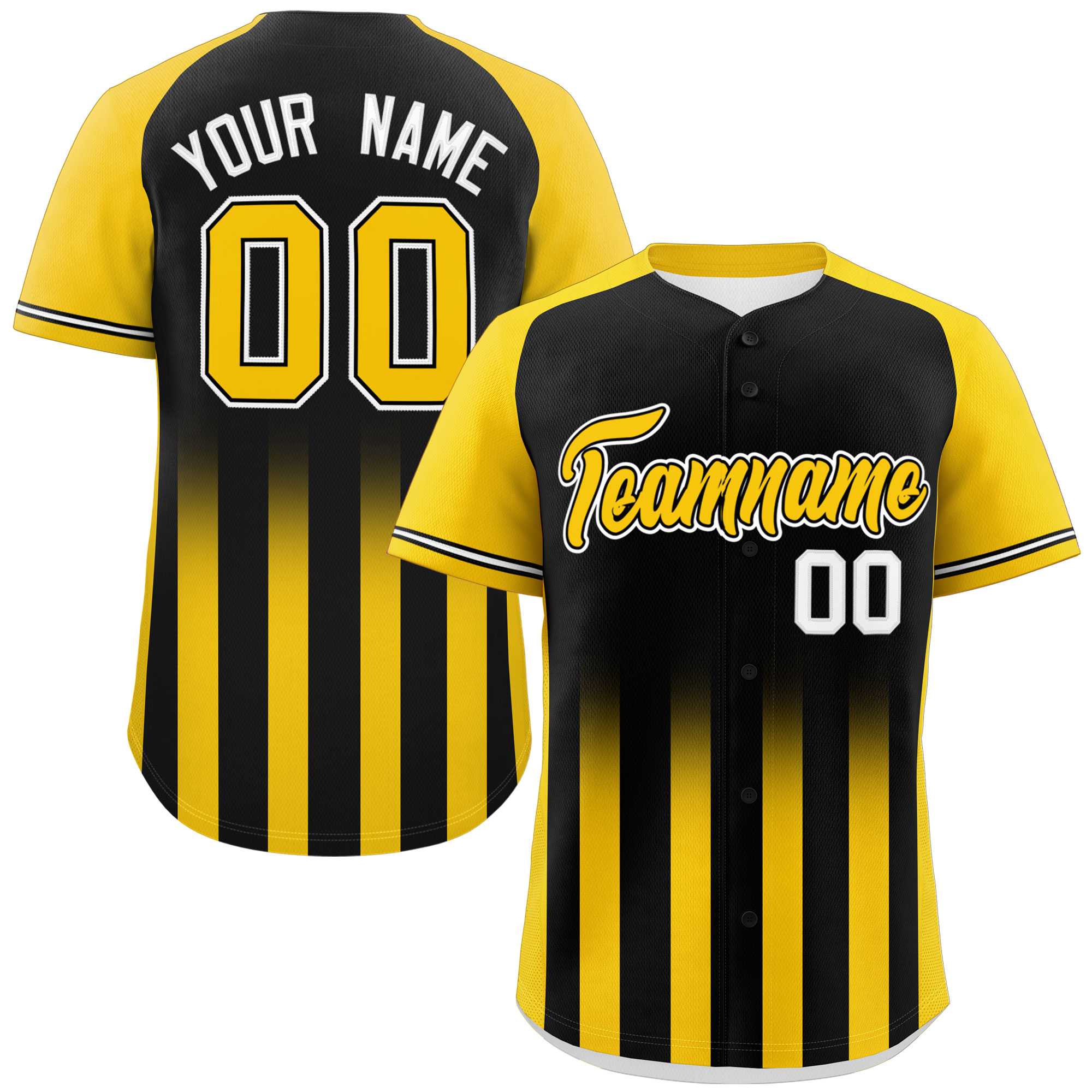 Custom Black Gold Raglan Sleeves Gradient Thick Stripe Authentic Baseball Jersey