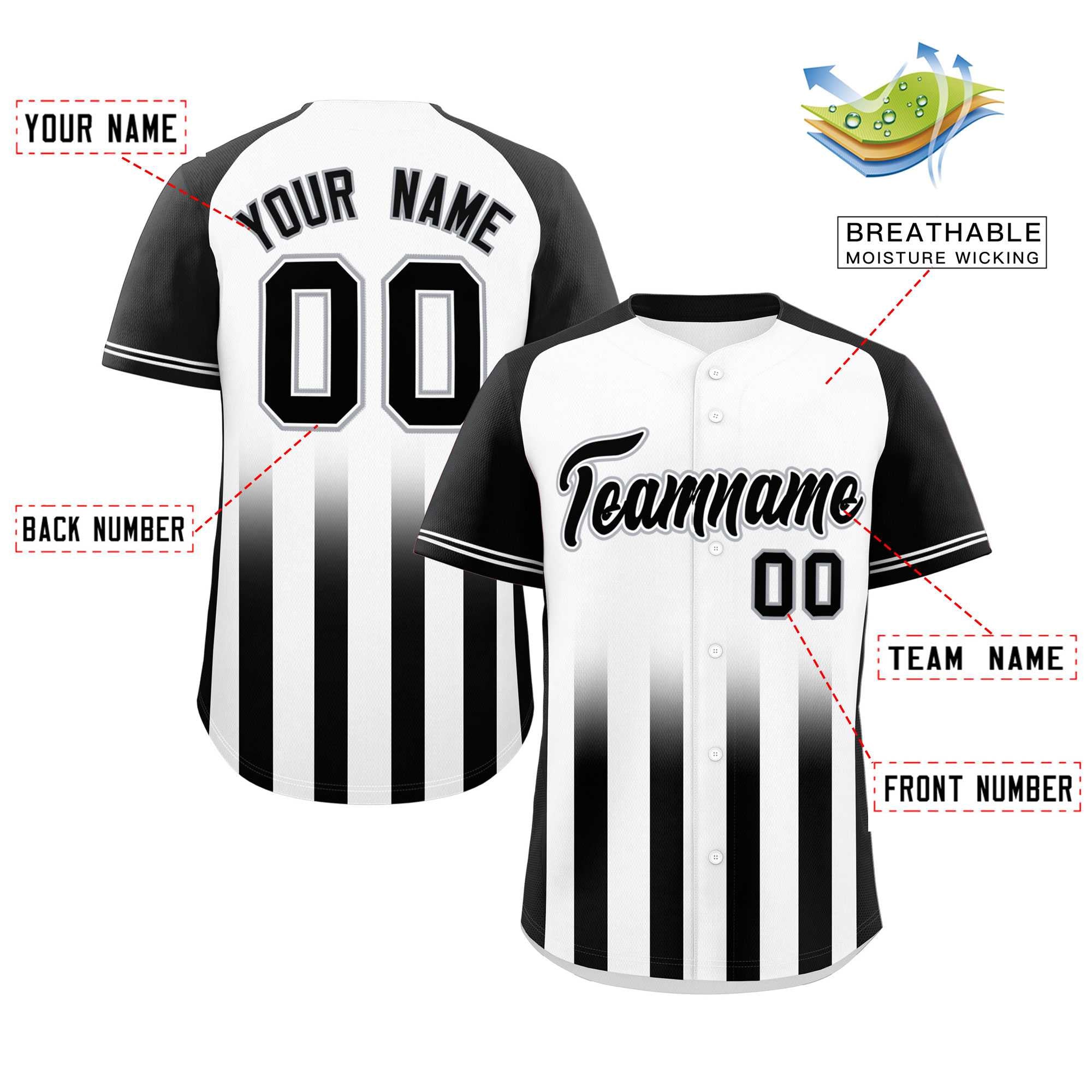 Custom White Black Raglan Sleeves Gradient Thick Stripe Authentic Baseball Jersey