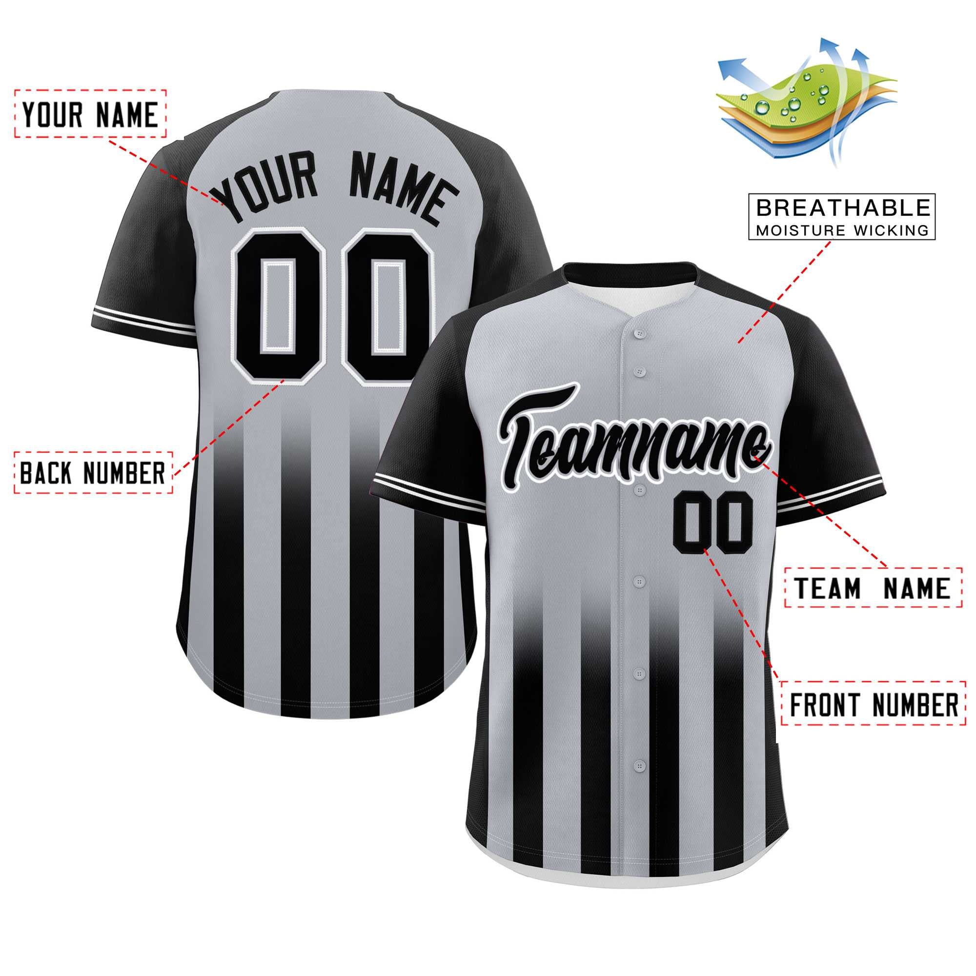 Custom Gray Black Raglan Sleeves Gradient Thick Stripe Authentic Baseball Jersey