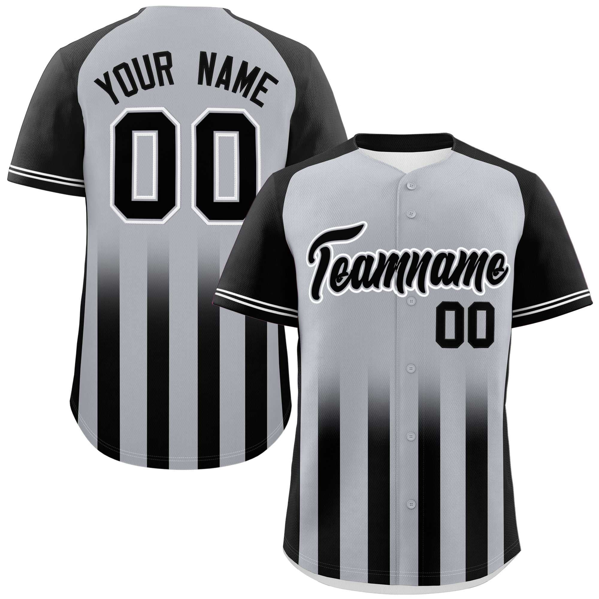 Custom Gray Black Raglan Sleeves Gradient Thick Stripe Authentic Baseball Jersey