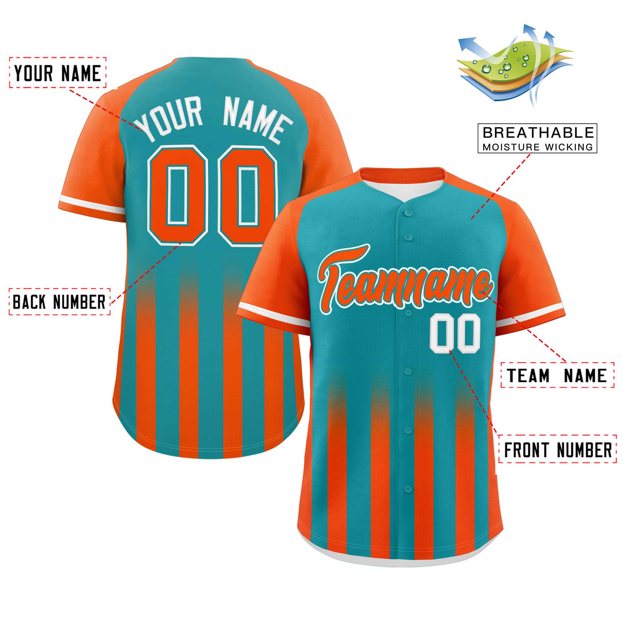 Custom Aqua Orange Raglan Sleeves Gradient Thick Stripe Authentic Baseball Jersey