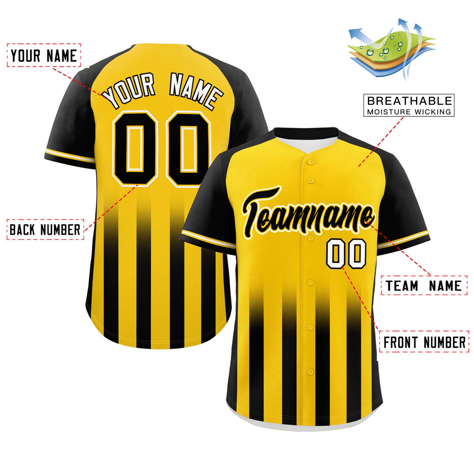 Custom Gold Black Raglan Sleeves Gradient Thick Stripe Authentic Baseball Jersey