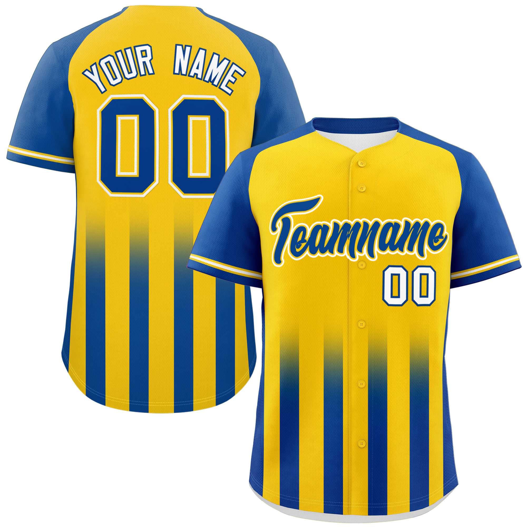 Custom Gold Royal Raglan Sleeves Gradient Thick Stripe Authentic Baseball Jersey