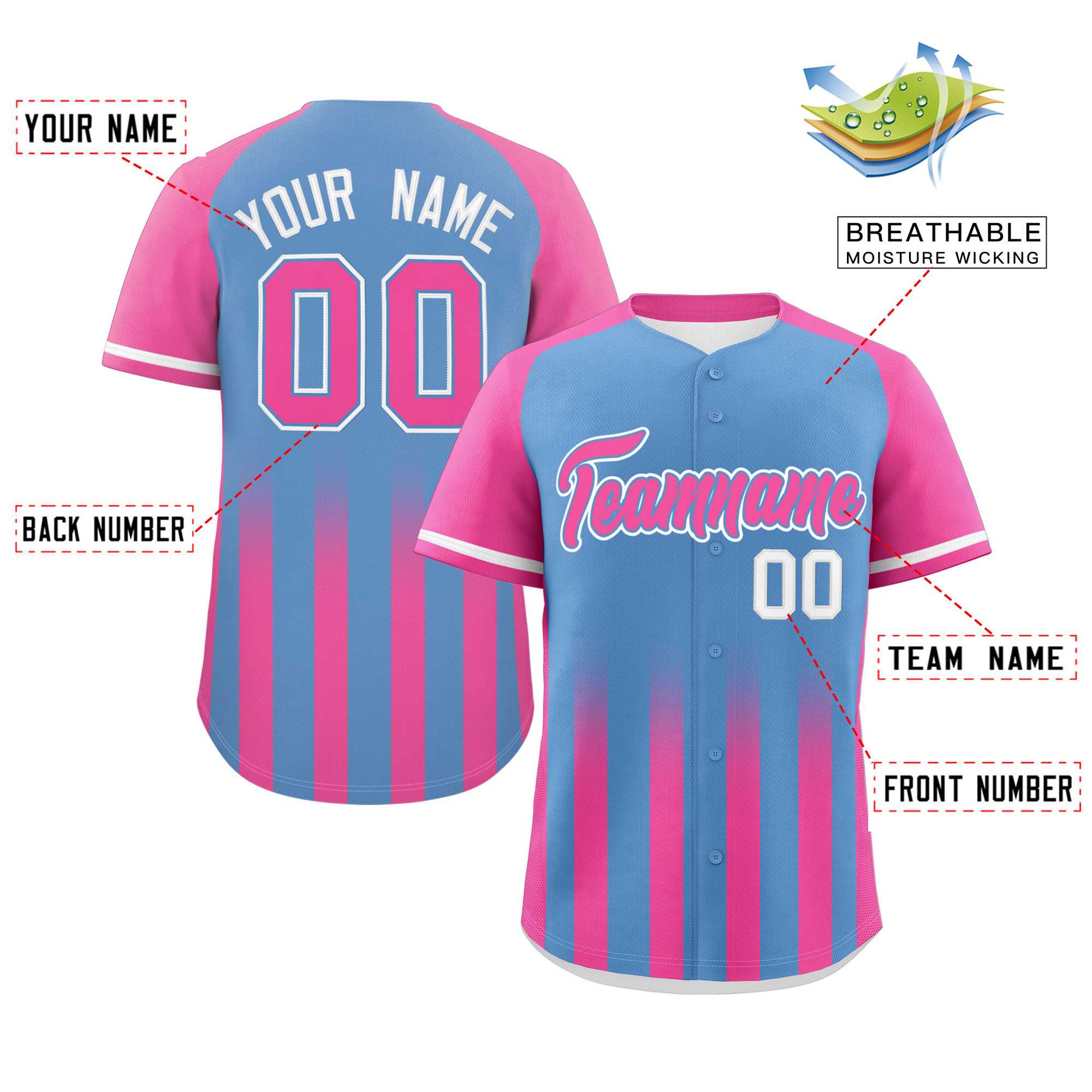 Custom Light Blue Pink Raglan Sleeves Gradient Thick Stripe Authentic Baseball Jersey