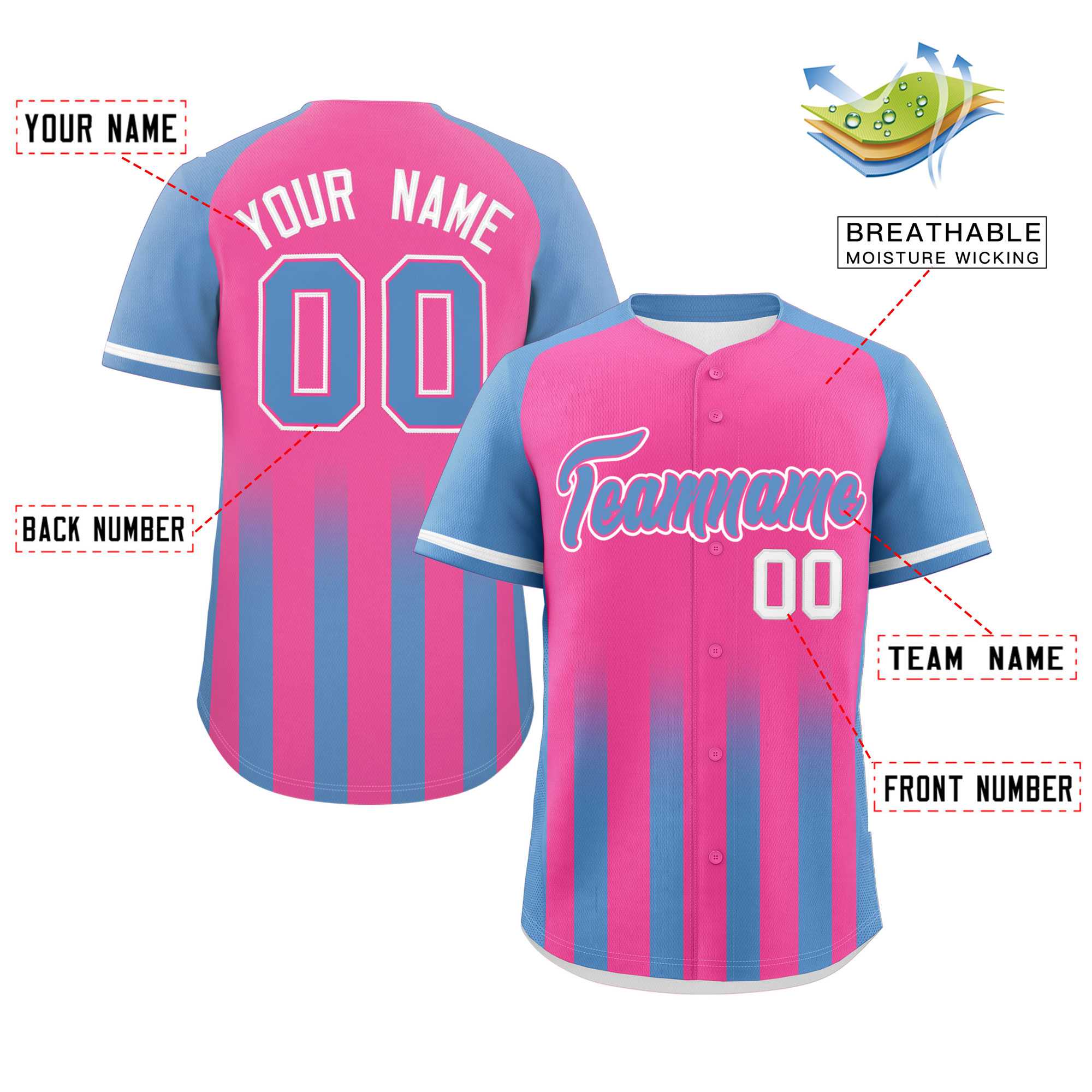 Custom Pink Light Blue Raglan Sleeves Gradient Thick Stripe Authentic Baseball Jersey