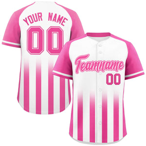 Custom White Pink Raglan Sleeves Gradient Thick Stripe Authentic Baseball Jersey