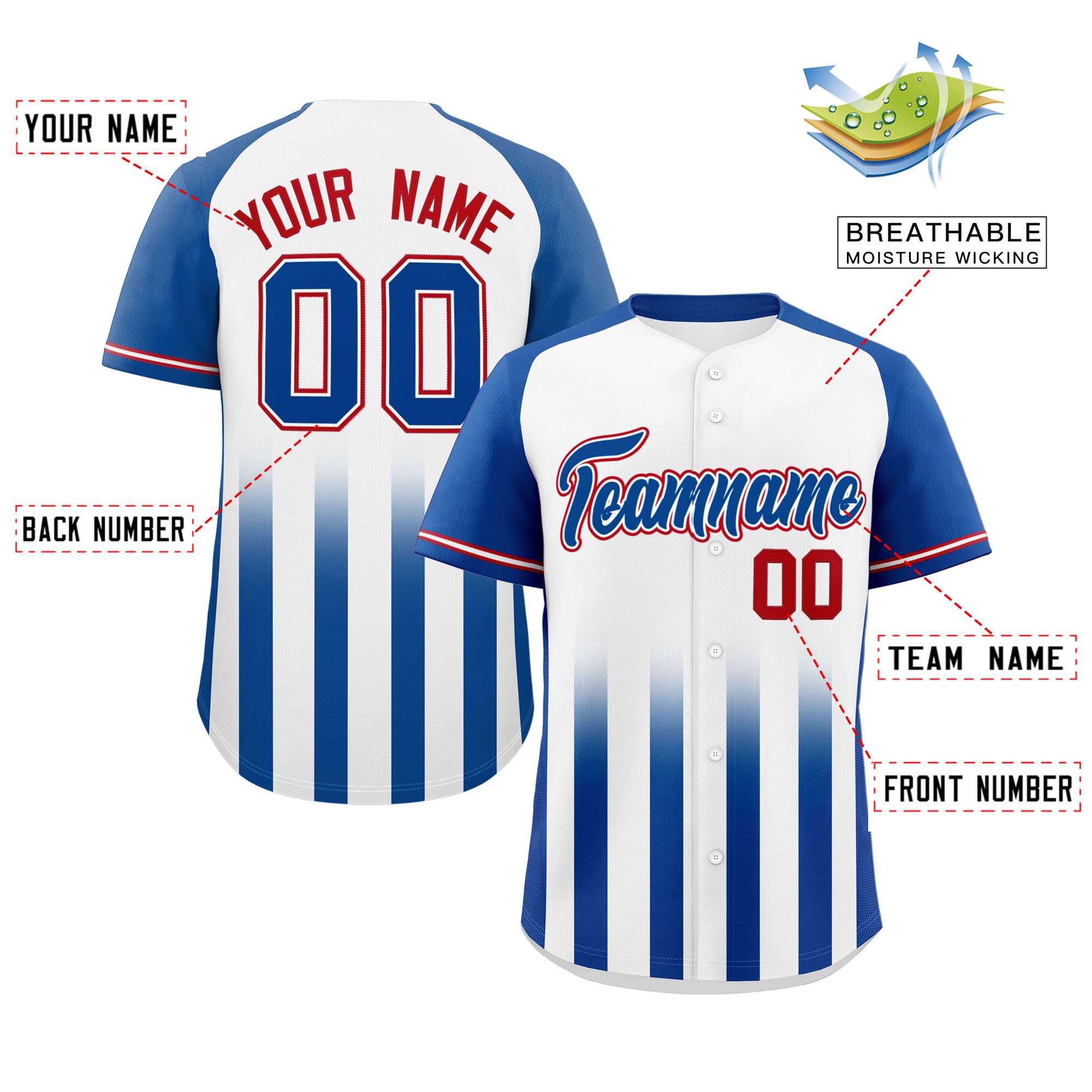 Custom White Royal Raglan Sleeves Gradient Thick Stripe Authentic Baseball Jersey