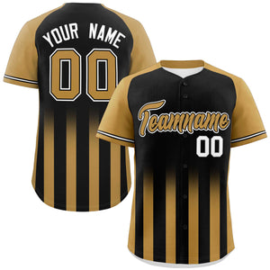 Custom Black Old Gold Raglan Sleeves Gradient Thick Stripe Authentic Baseball Jersey