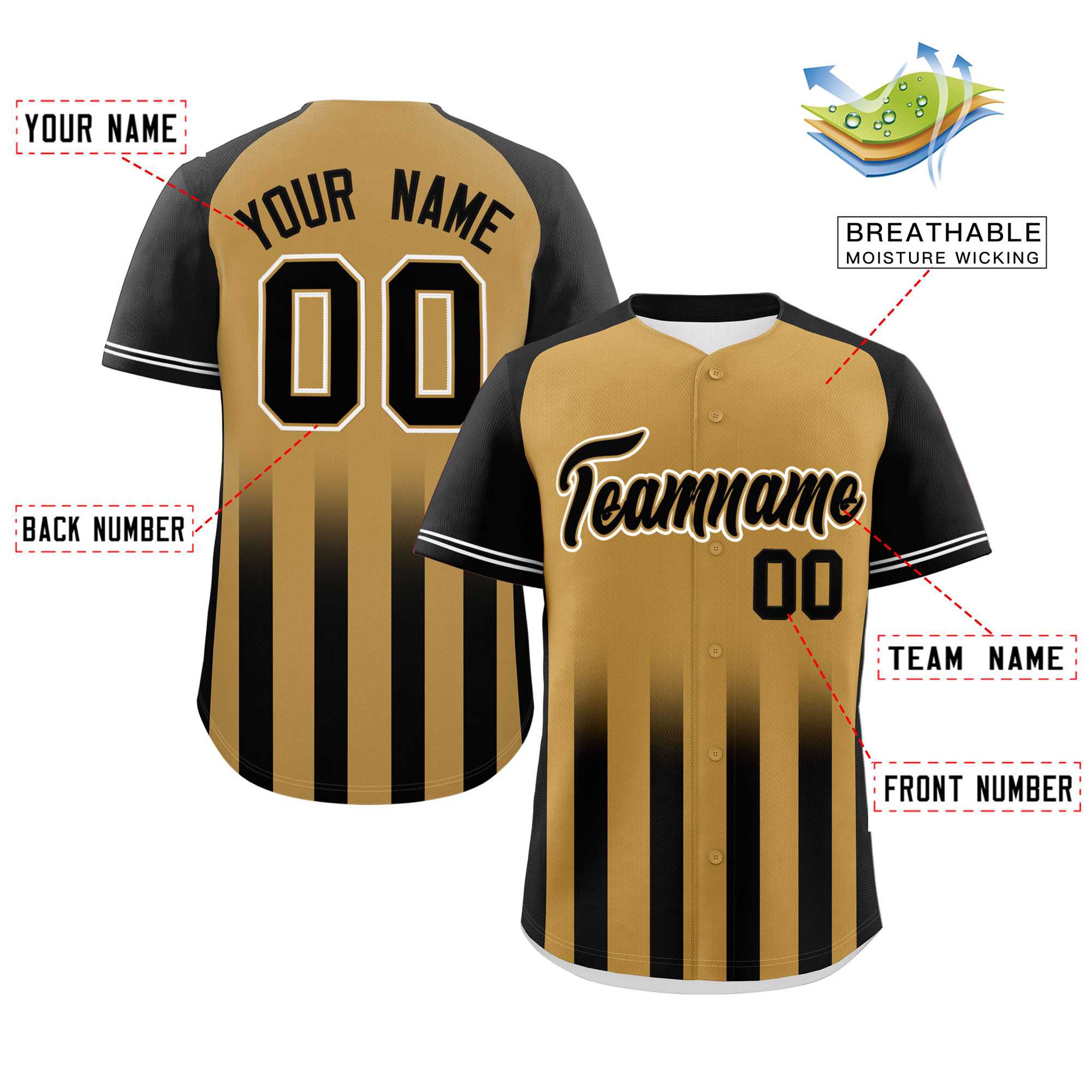 Custom Old Gold Black Raglan Sleeves Gradient Thick Stripe Authentic Baseball Jersey