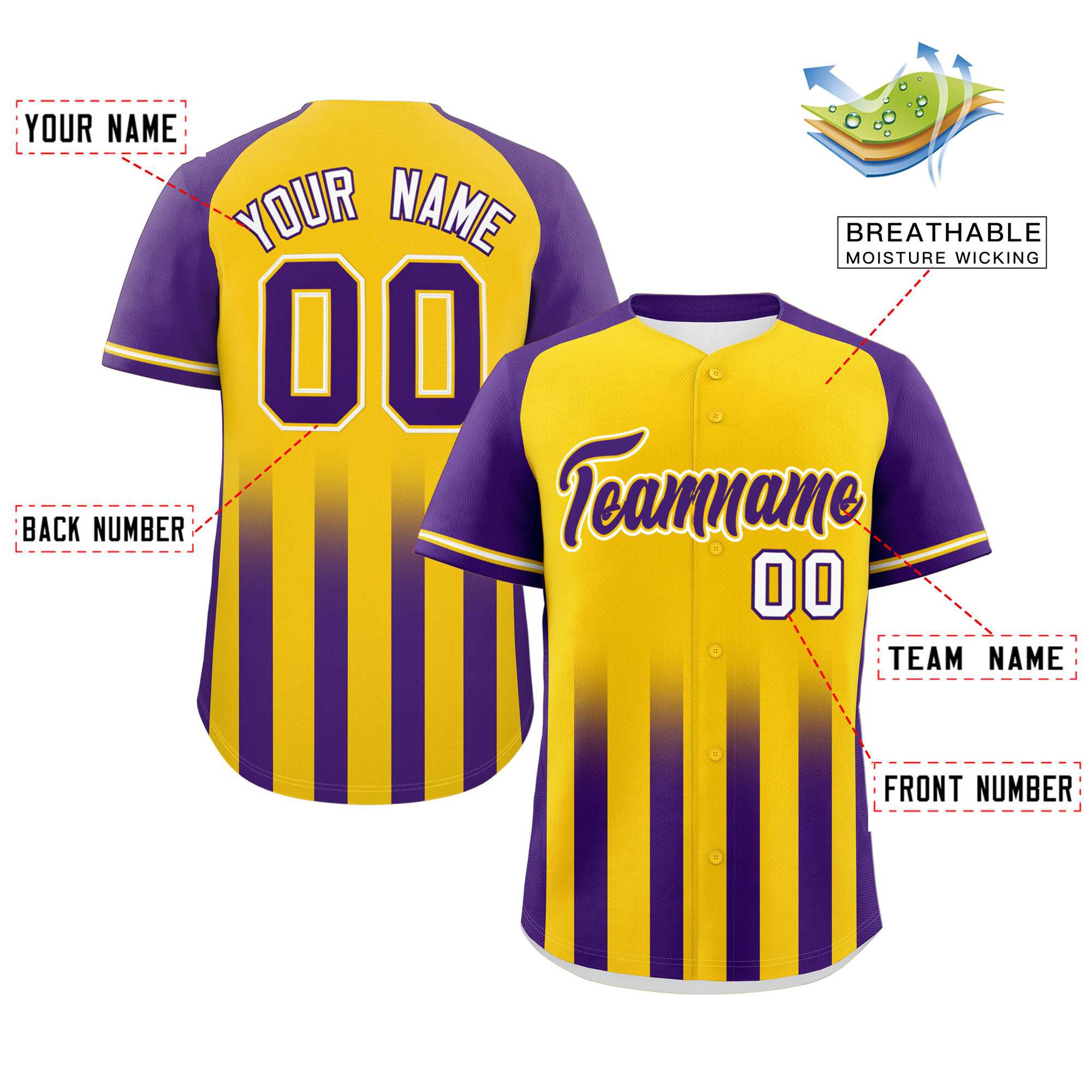 Custom Gold Purple Raglan Sleeves Gradient Thick Stripe Authentic Baseball Jersey