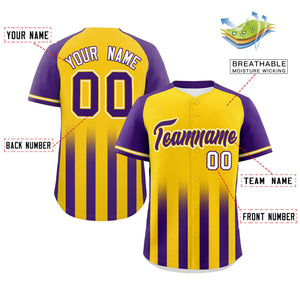 Custom Gold Purple Raglan Sleeves Gradient Thick Stripe Authentic Baseball Jersey