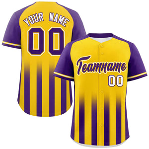 Custom Gold Purple Raglan Sleeves Gradient Thick Stripe Authentic Baseball Jersey