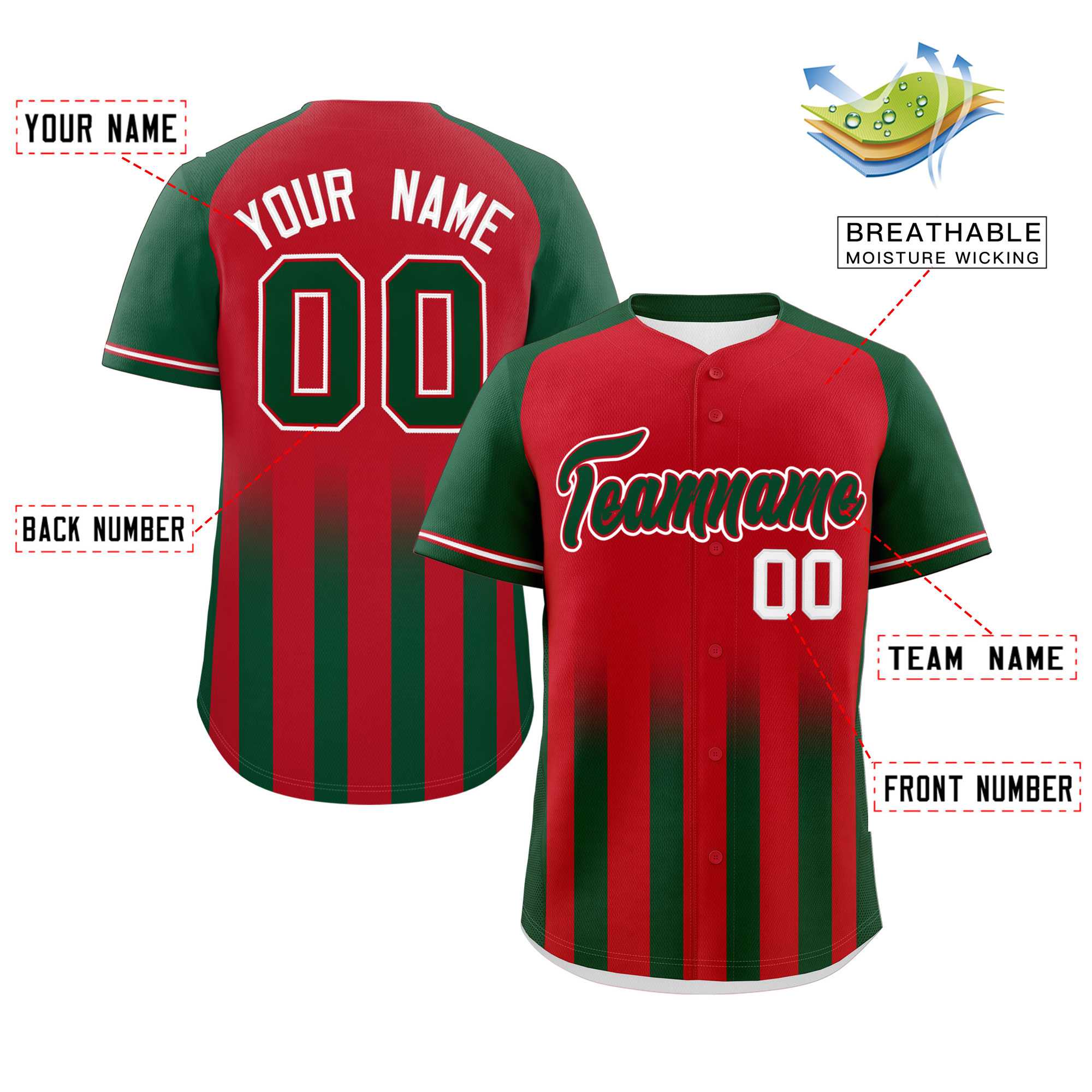 Custom Red Green Raglan Sleeves Gradient Thick Stripe Authentic Baseball Jersey