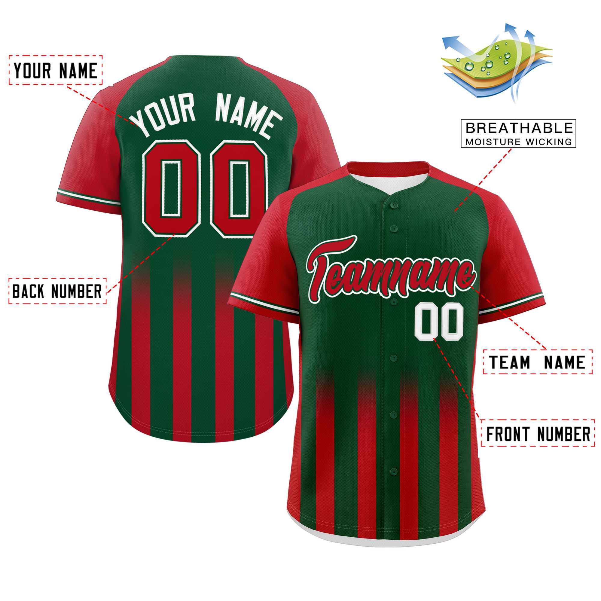 Custom Green Red Raglan Sleeves Gradient Thick Stripe Authentic Baseball Jersey