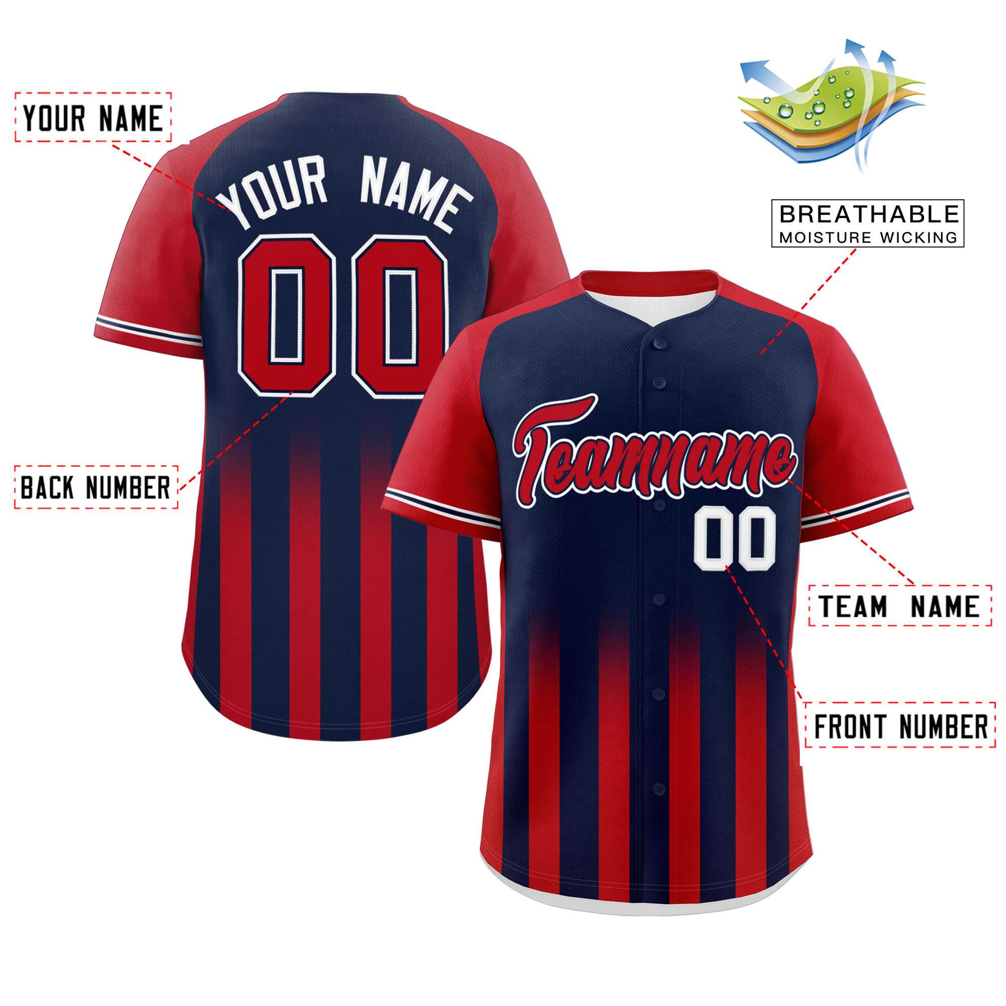 Custom Navy Red Raglan Sleeves Gradient Thick Stripe Authentic Baseball Jersey