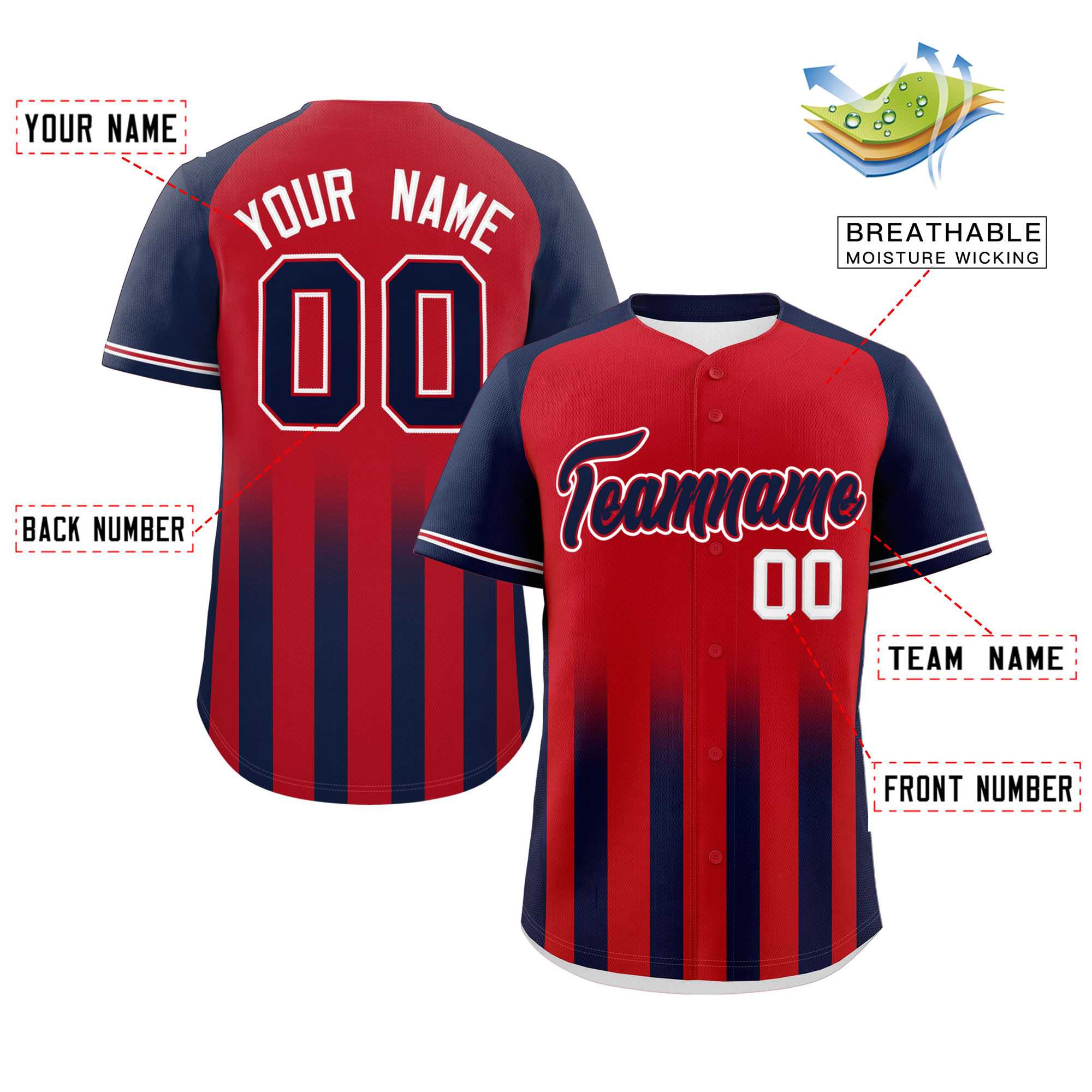 Custom Red Navy Raglan Sleeves Gradient Thick Stripe Authentic Baseball Jersey