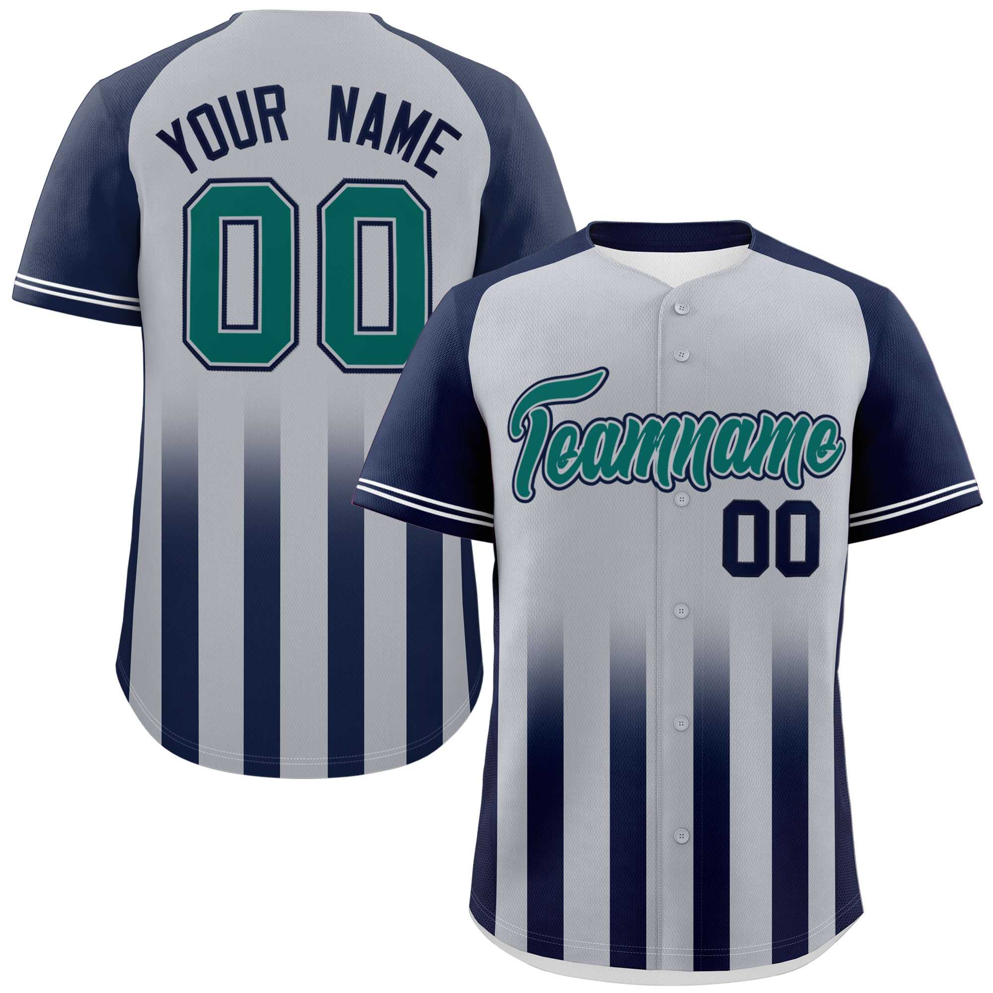 Custom Gray Navy Raglan Sleeves Gradient Thick Stripe Authentic Baseball Jersey