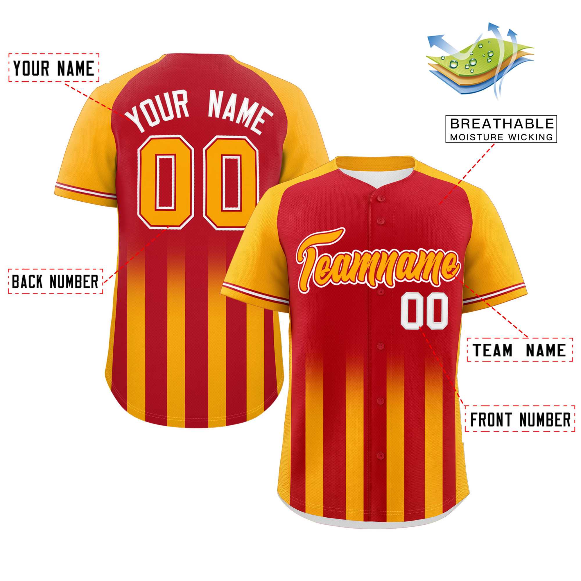 Custom Red Yellow Raglan Sleeves Gradient Thick Stripe Authentic Baseball Jersey