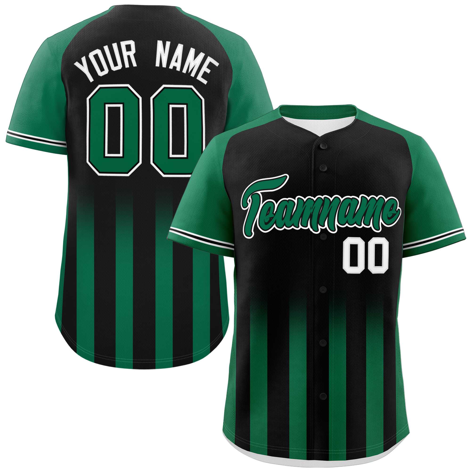 Custom Black Kelly Green Raglan Sleeves Gradient Thick Stripe Authentic Baseball Jersey