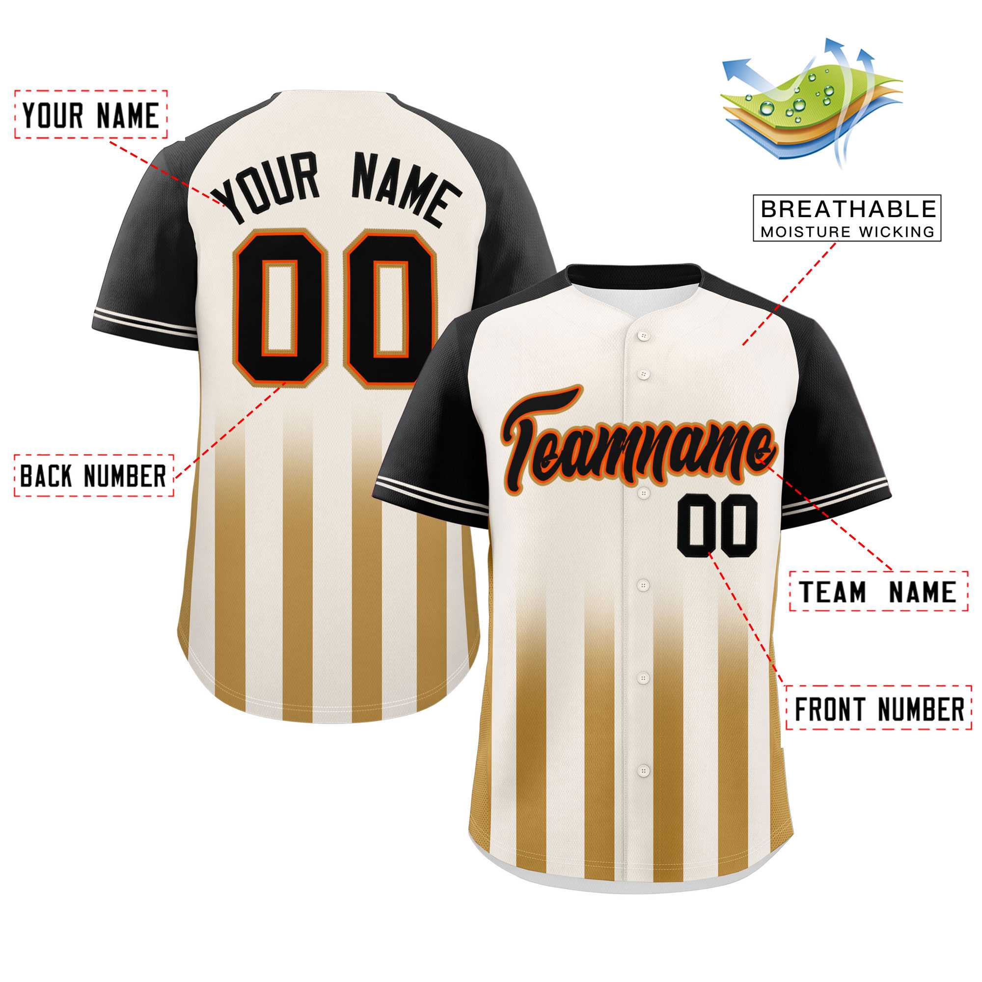 Custom Cream Black Raglan Sleeves Gradient Thick Stripe Authentic Baseball Jersey