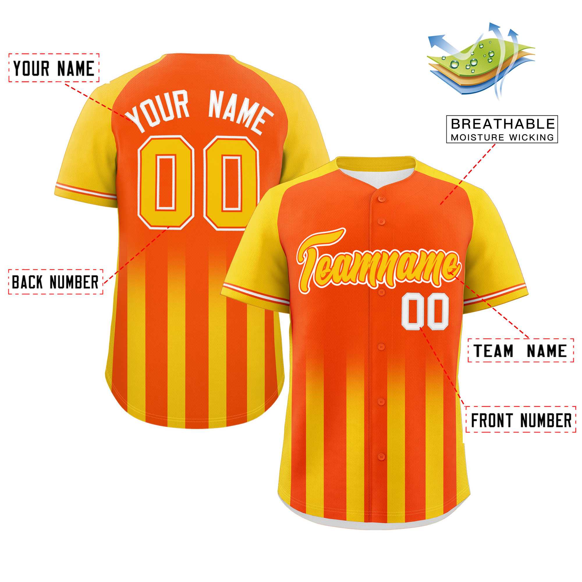 Custom Orange Gold Raglan Sleeves Gradient Thick Stripe Authentic Baseball Jersey