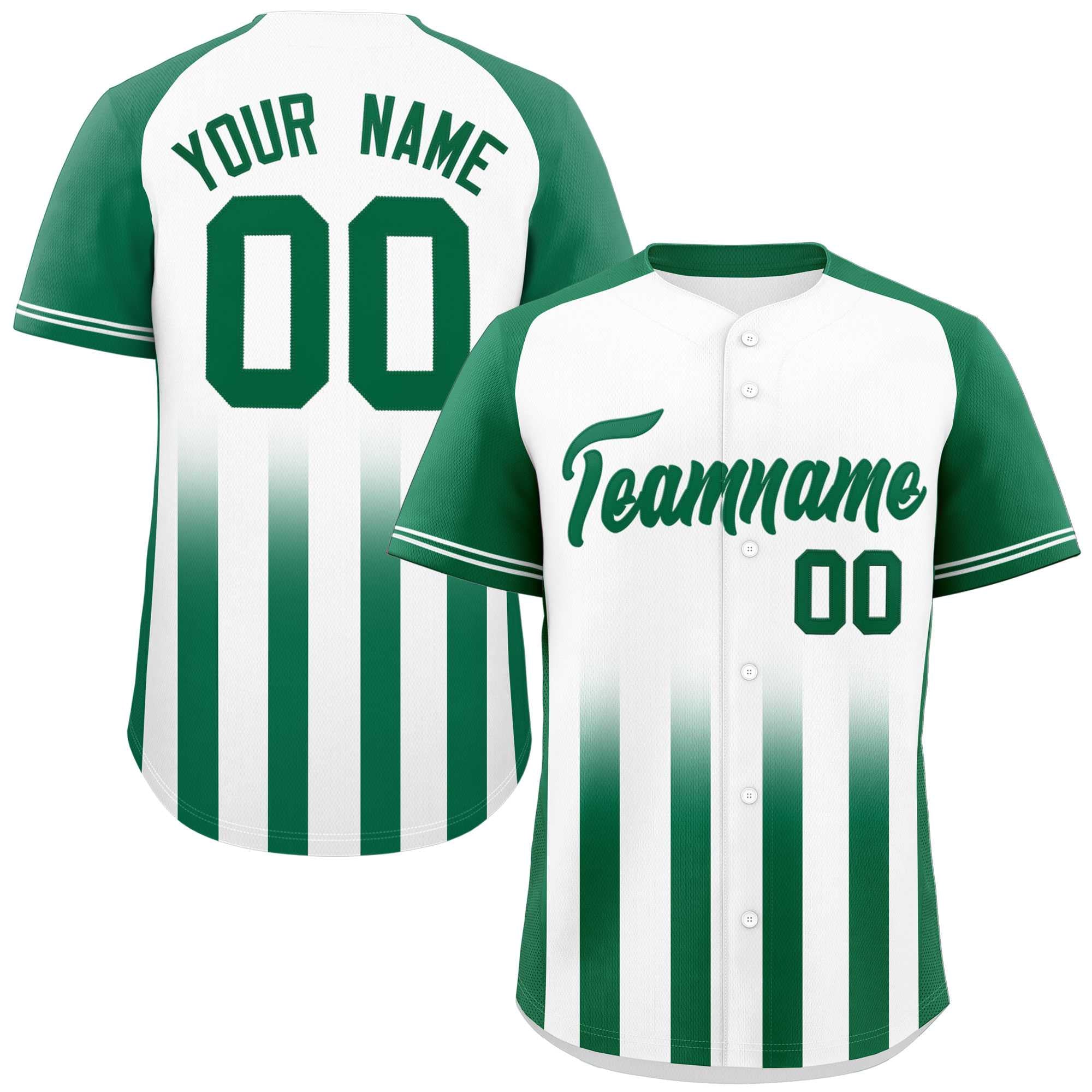 Custom White Kelly Green Raglan Sleeves Gradient Thick Stripe Authentic Baseball Jersey