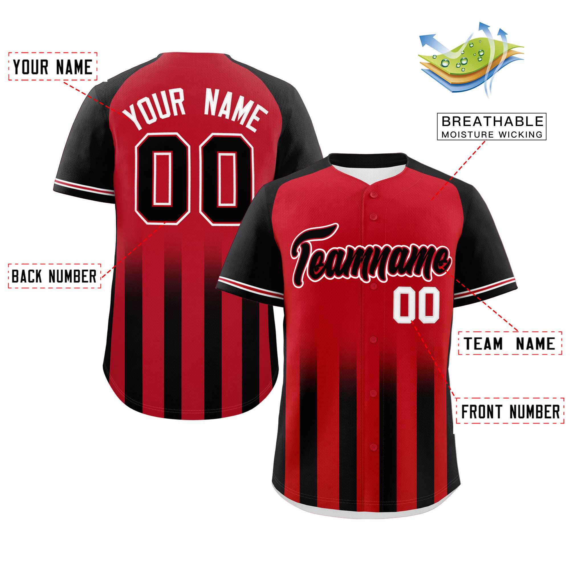 Custom Red Black Raglan Sleeves Gradient Thick Stripe Authentic Baseball Jersey