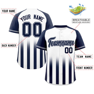 Custom White Navy Raglan Sleeves Gradient Thick Stripe Authentic Baseball Jersey