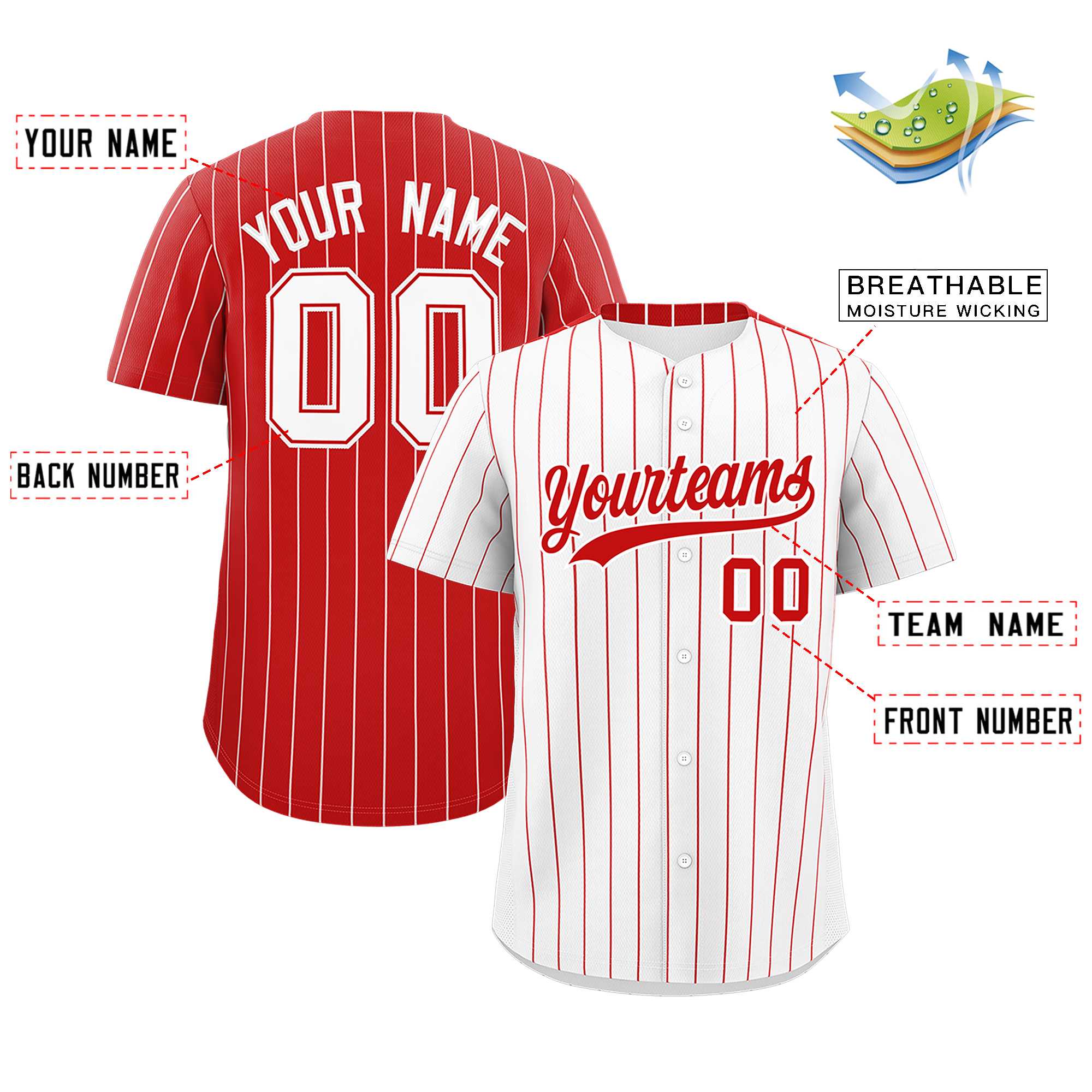 Custom White Red Pinstripe Personalized Two-Tone Authentic Baseball Jersey