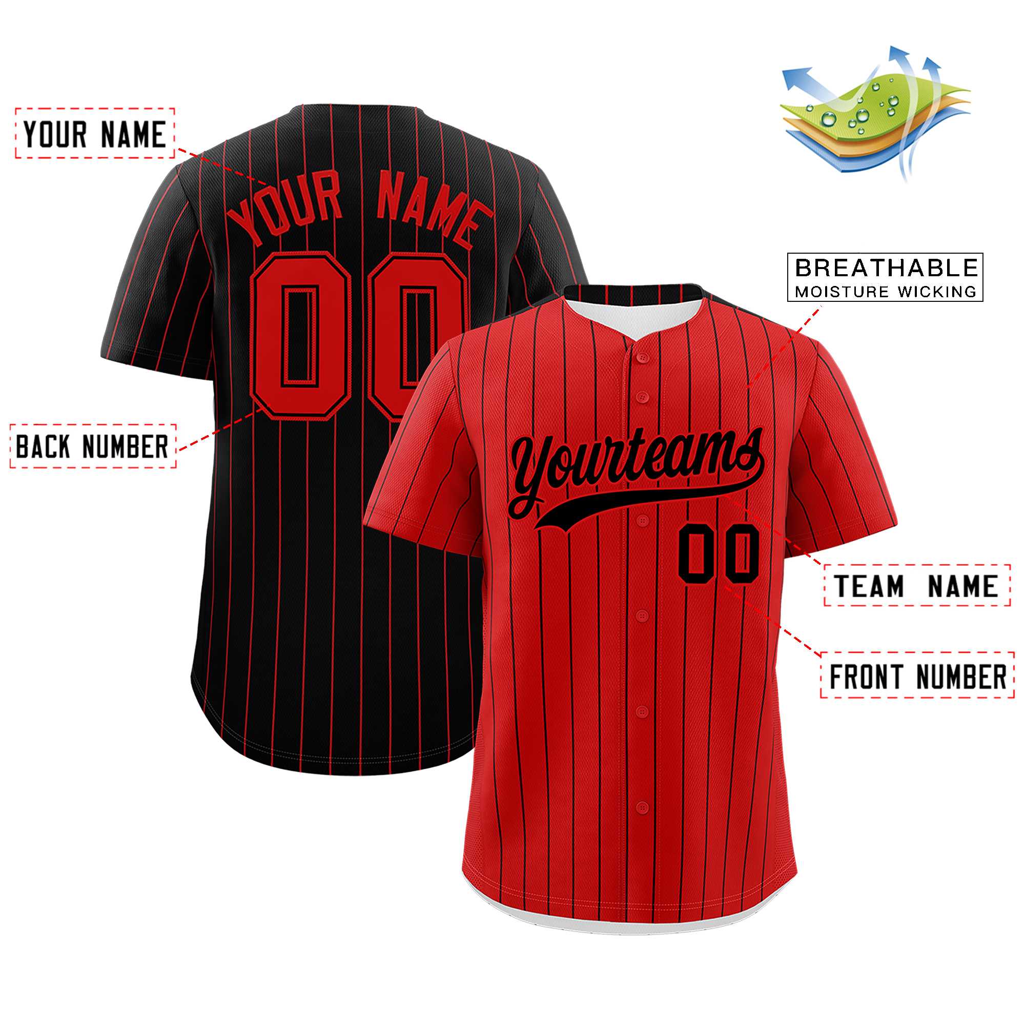 Custom Red Black Pinstripe Personalized Two-Tone Authentic Baseball Jersey