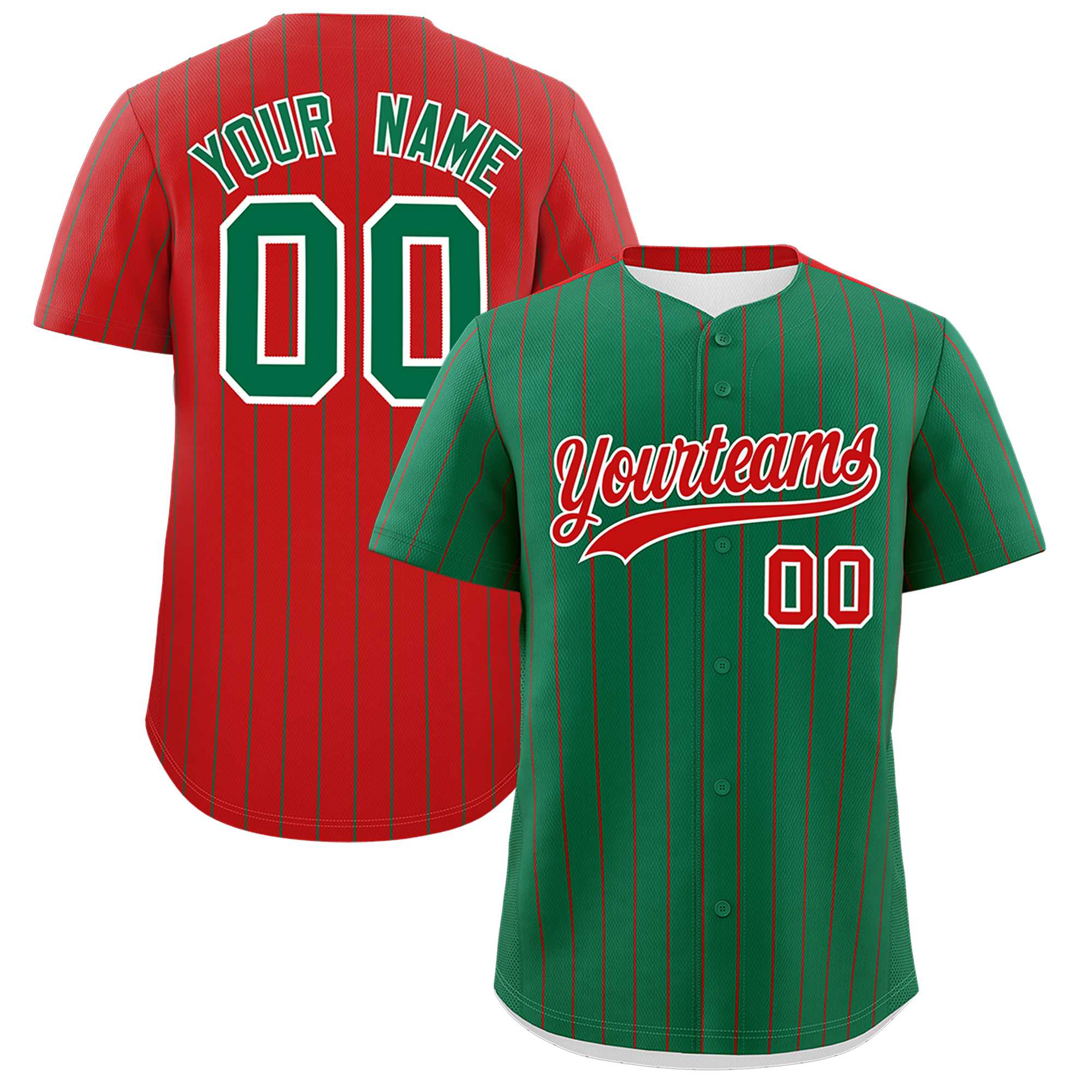 Custom Kelly Green Red Pinstripe Personalized Two-Tone Authentic Baseball Jersey