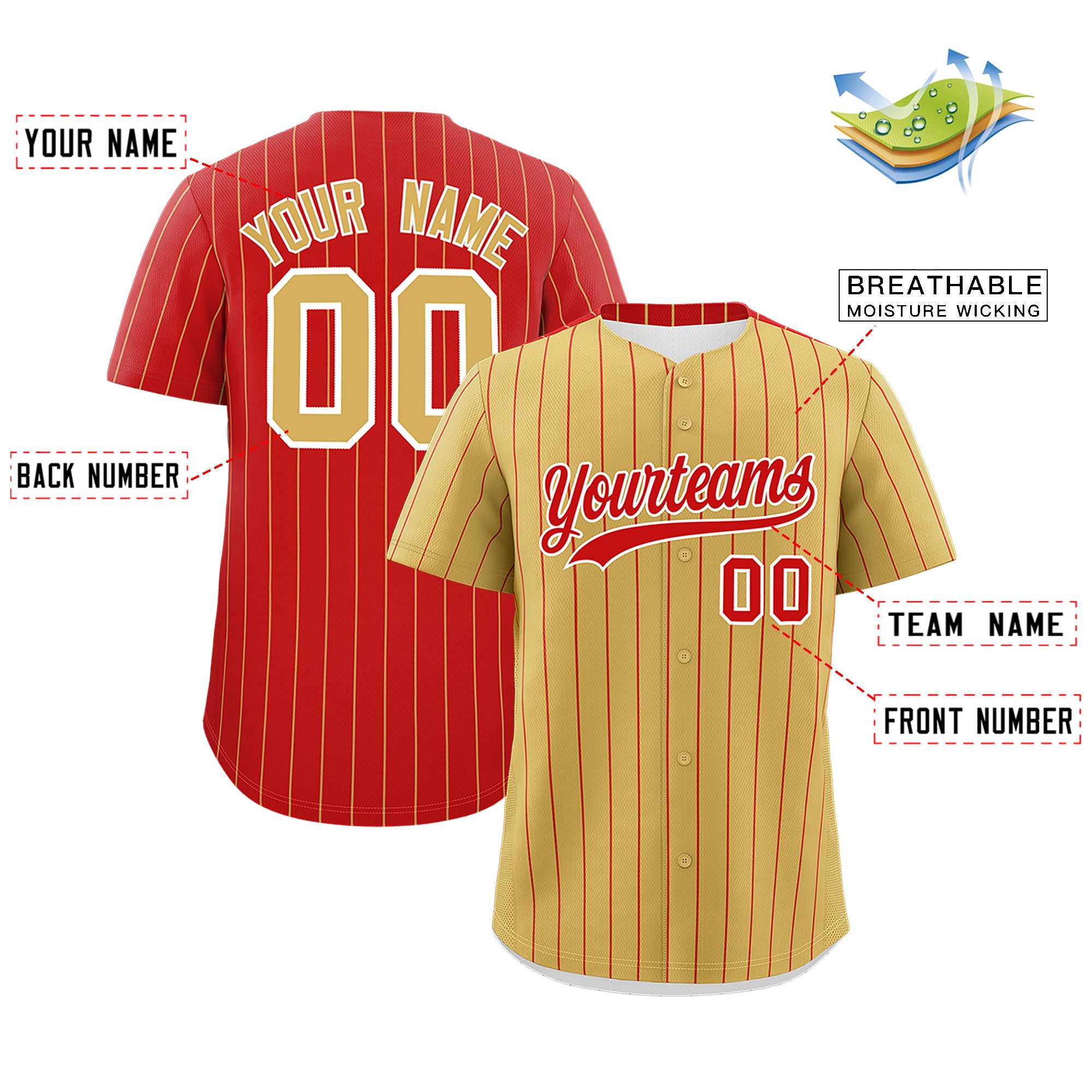 Custom Old Gold Red Pinstripe Personalized Two-Tone Authentic Baseball Jersey