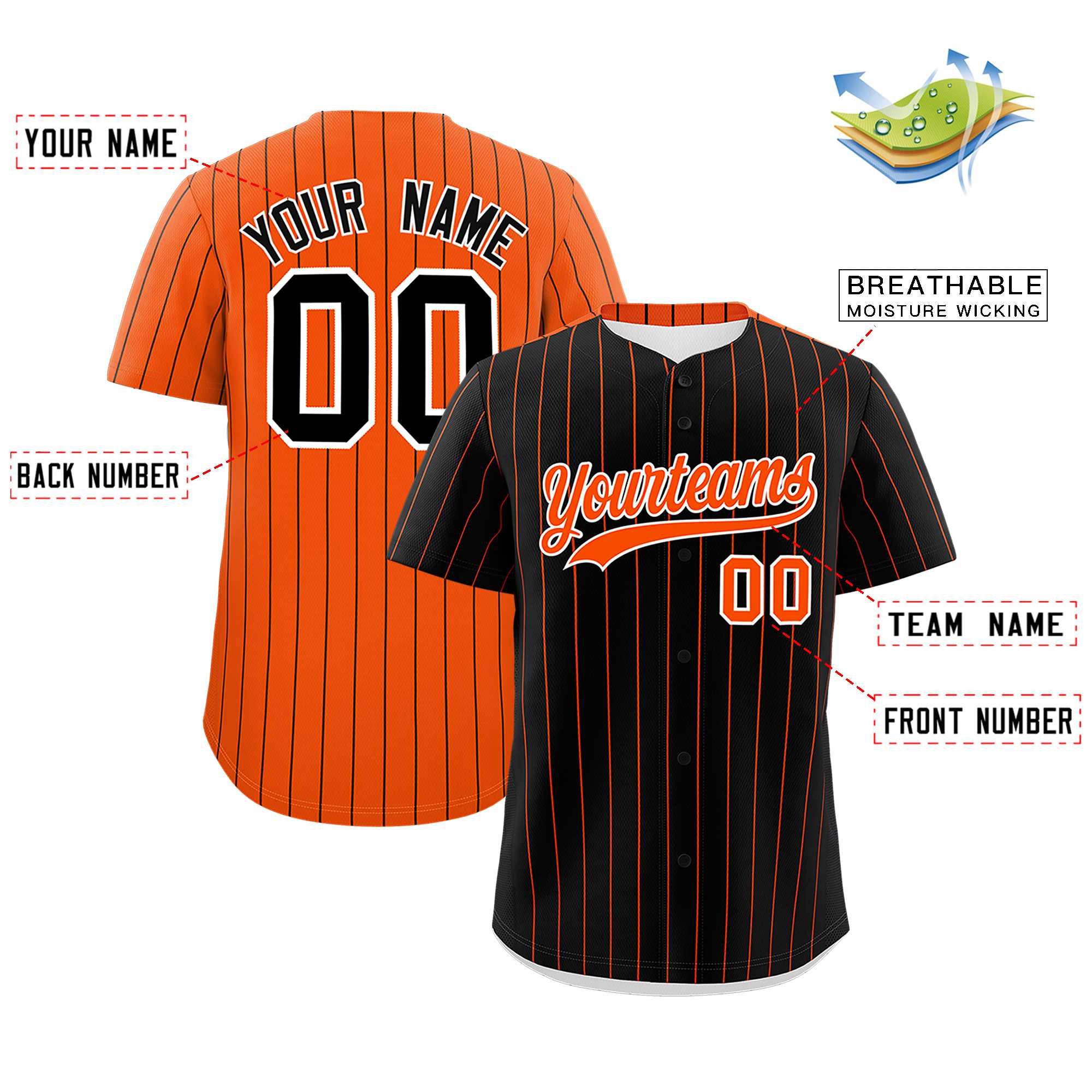 Custom Black Orange Pinstripe Personalized Two-Tone Authentic Baseball Jersey