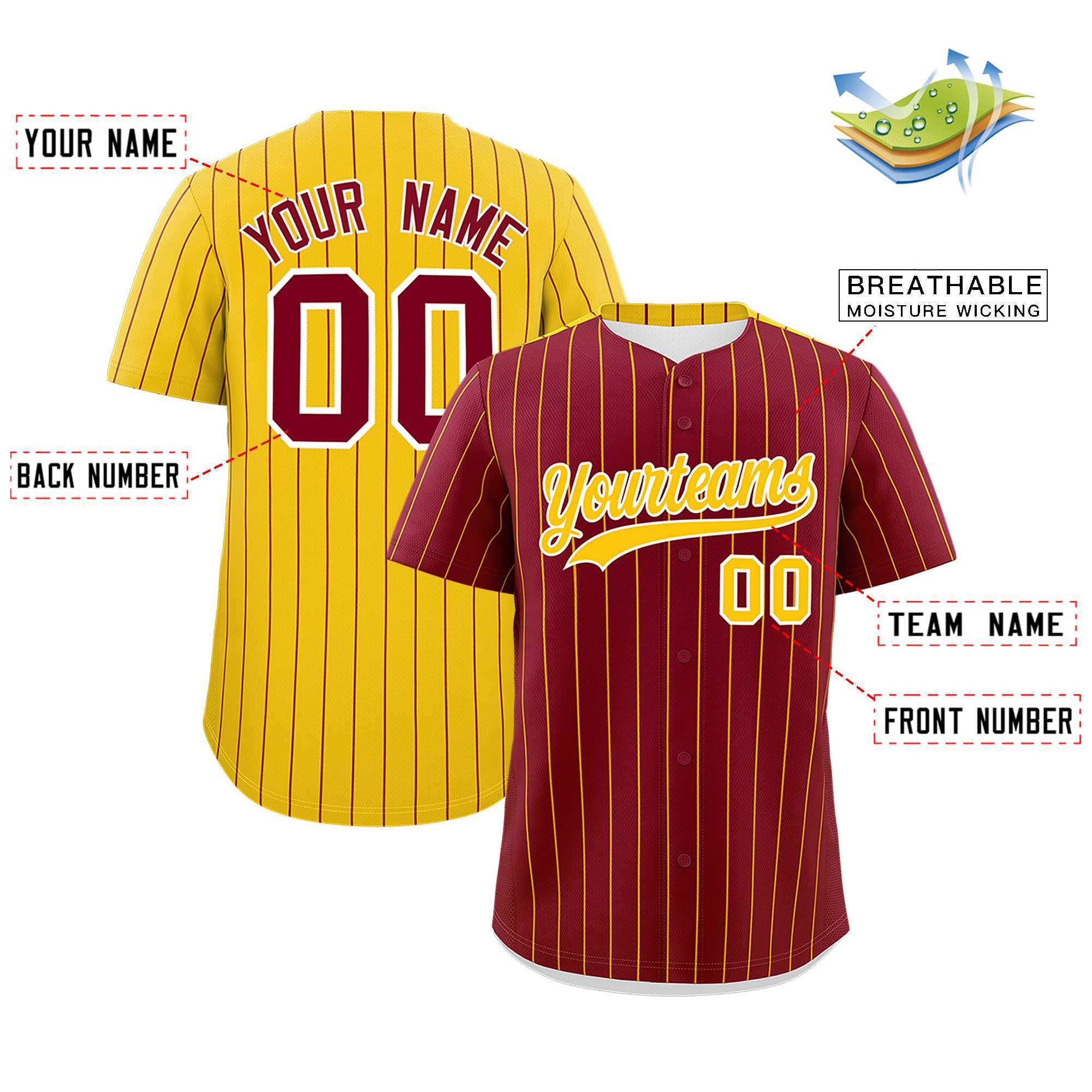 Custom Crimson Gold Pinstripe Personalized Two-Tone Authentic Baseball Jersey