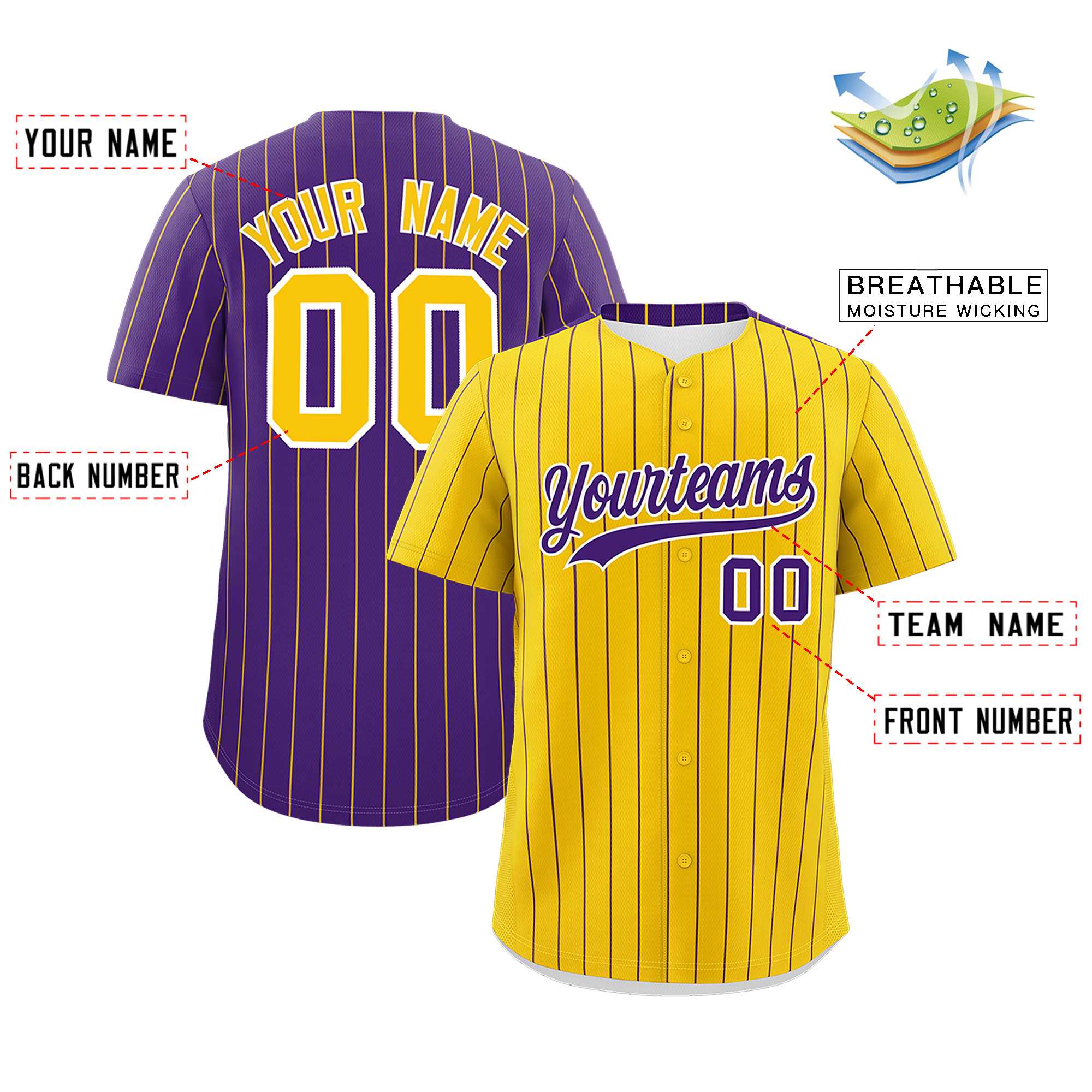 Custom Gold Purple Pinstripe Personalized Two-Tone Authentic Baseball Jersey