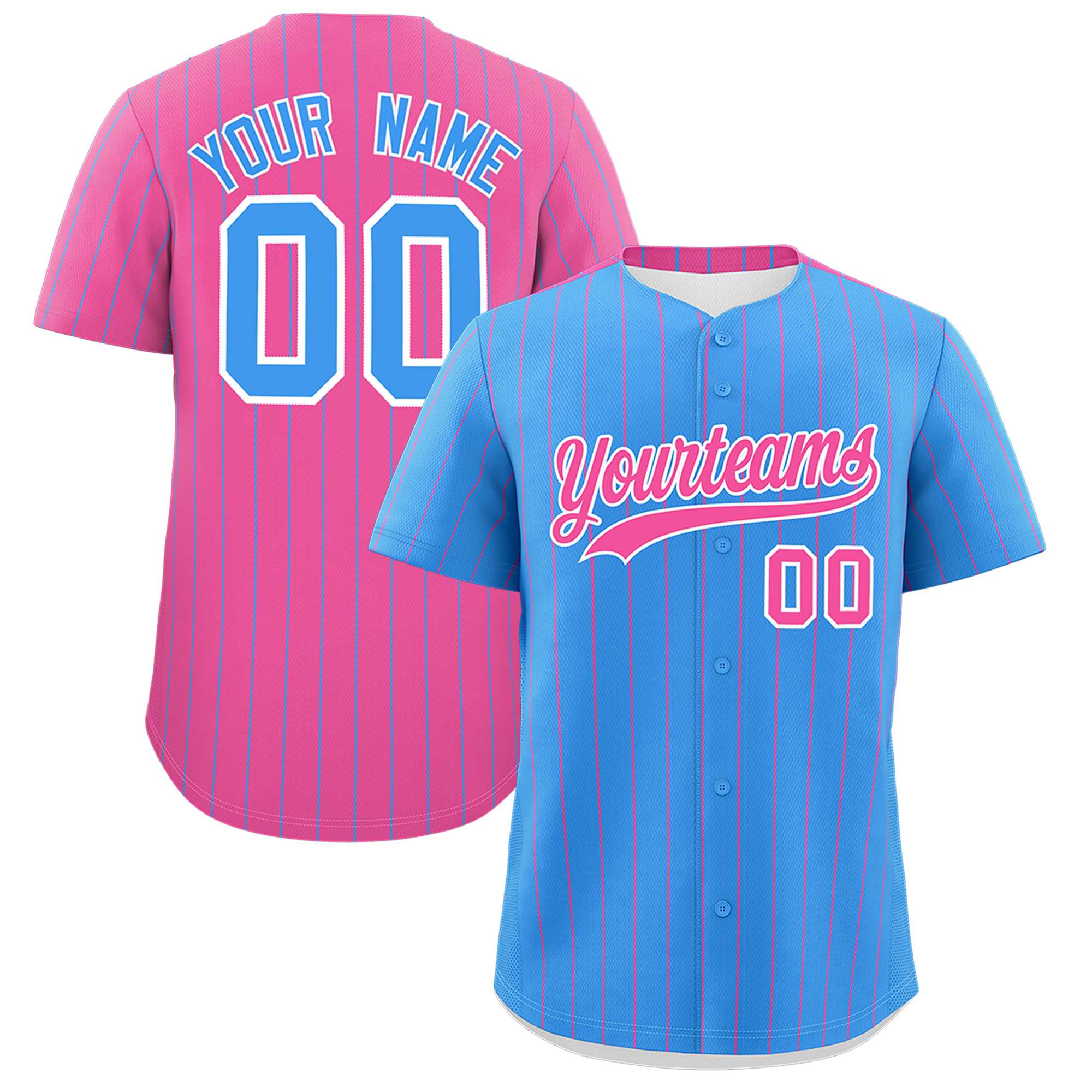 Custom Powder Blue Pink Pinstripe Personalized Two-Tone Authentic Baseball Jersey