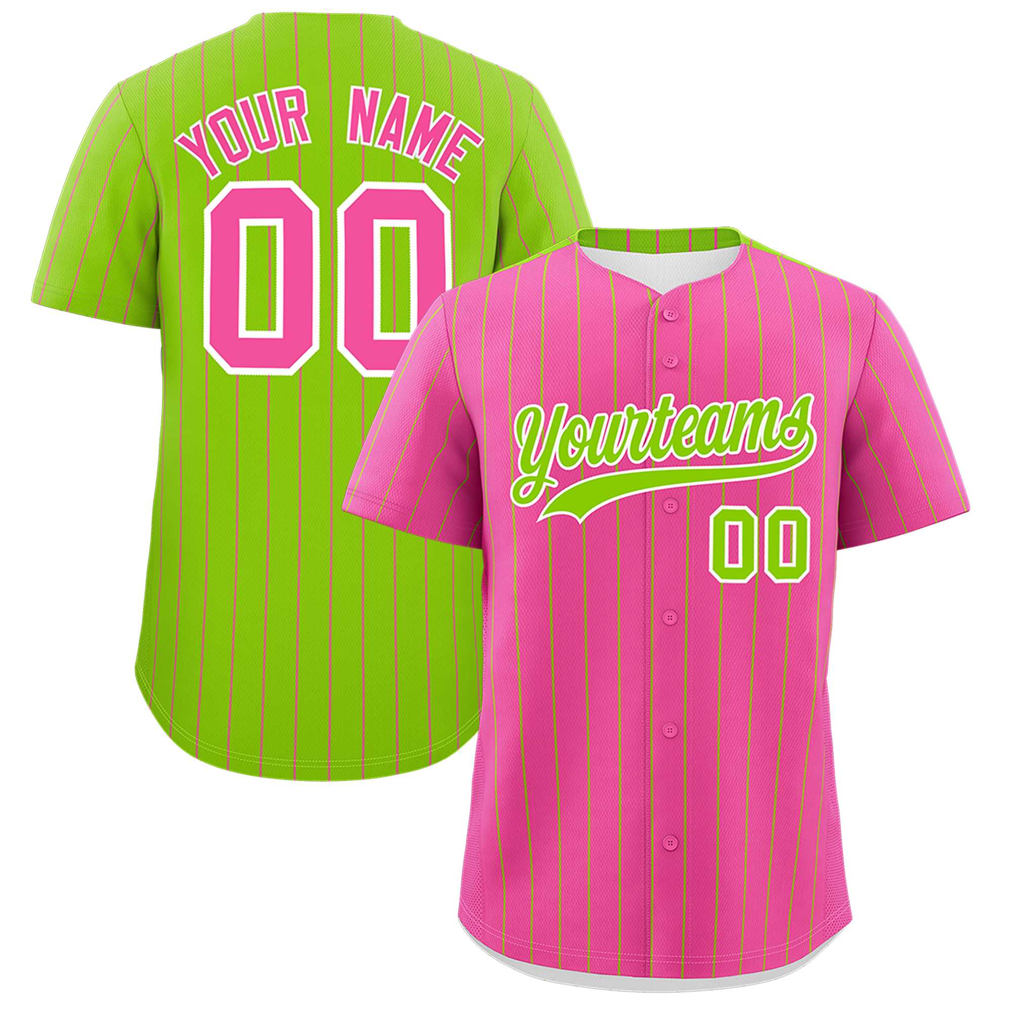 Custom Pink Neon Green Pinstripe Personalized Two-Tone Authentic Baseball Jersey