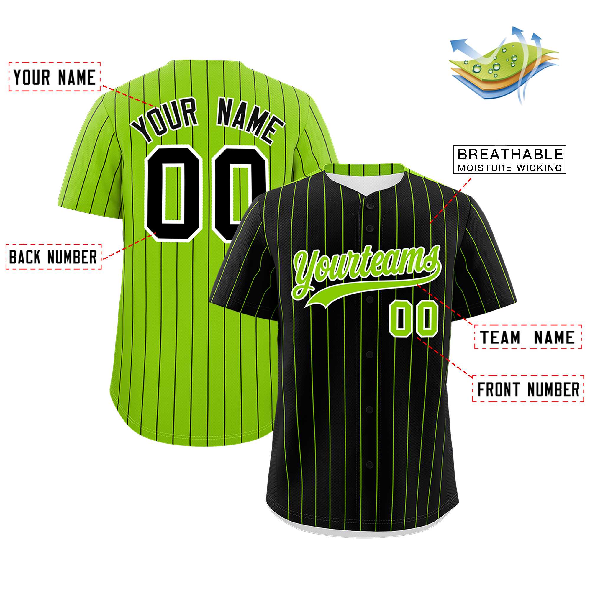 Custom Black Neon Green Pinstripe Personalized Two-Tone Authentic Baseball Jersey