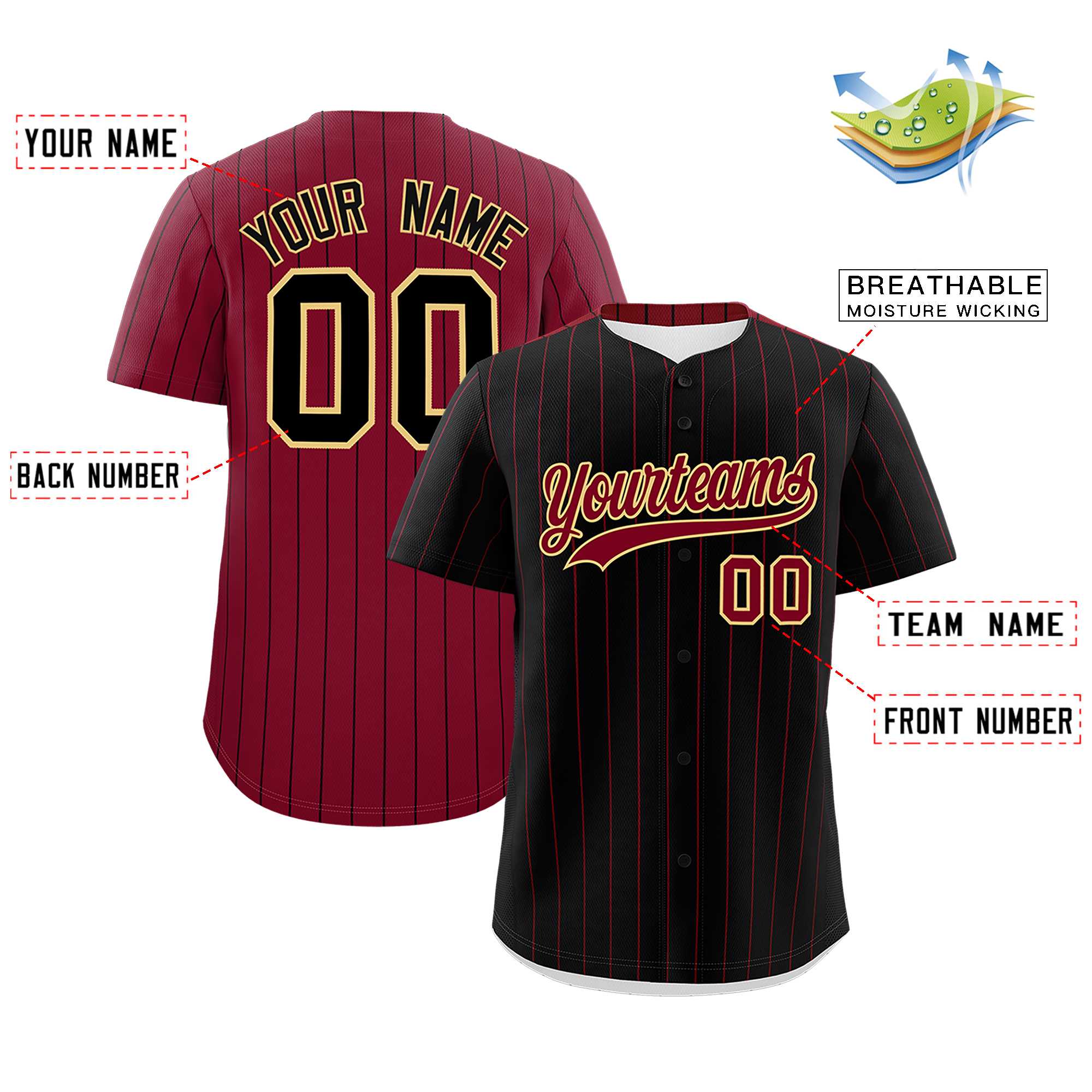 Custom Black Crimson Pinstripe Personalized Two-Tone Authentic Baseball Jersey