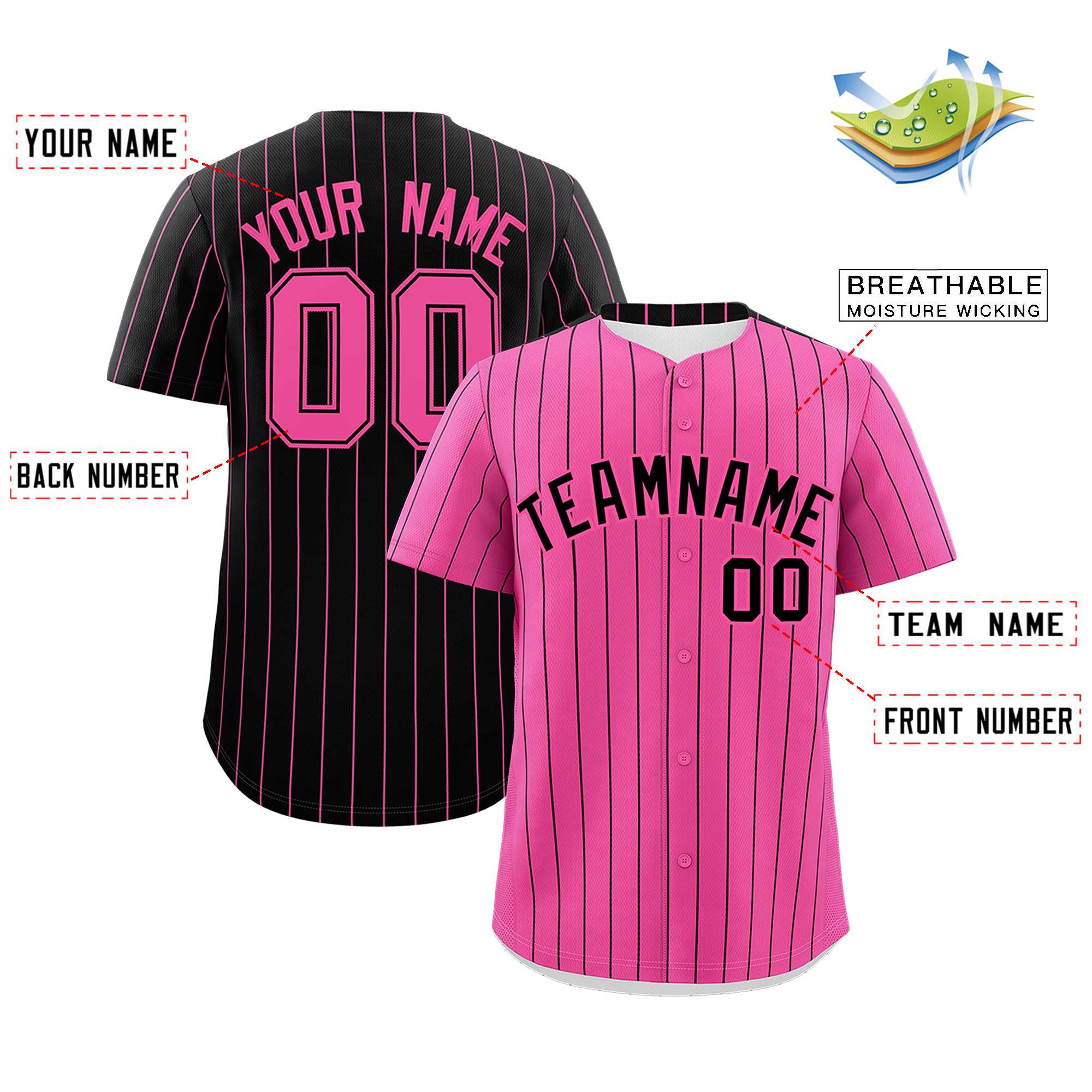 Custom Pink Black Pinstripe Personalized Two-Tone Authentic Baseball Jersey