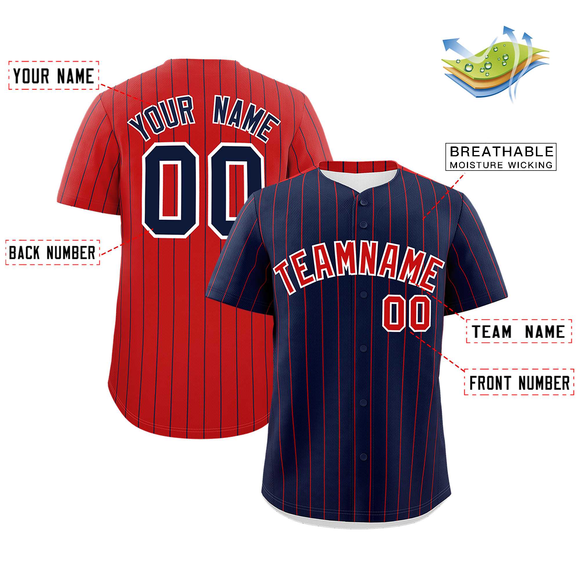 Custom Navy Red Pinstripe Personalized Two-Tone Authentic Baseball Jersey