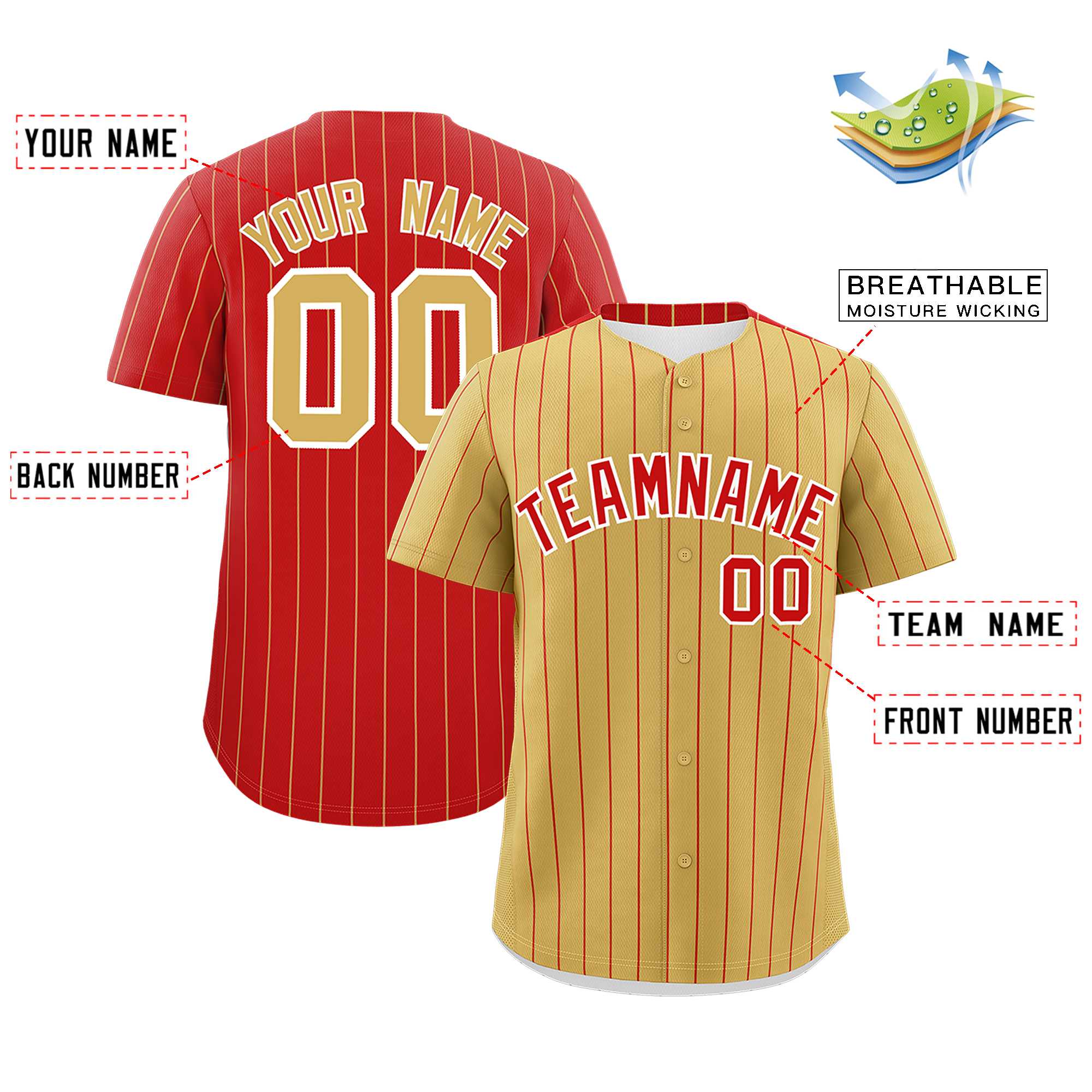 Custom Old Gold Red Pinstripe Personalized Two-Tone Authentic Baseball Jersey