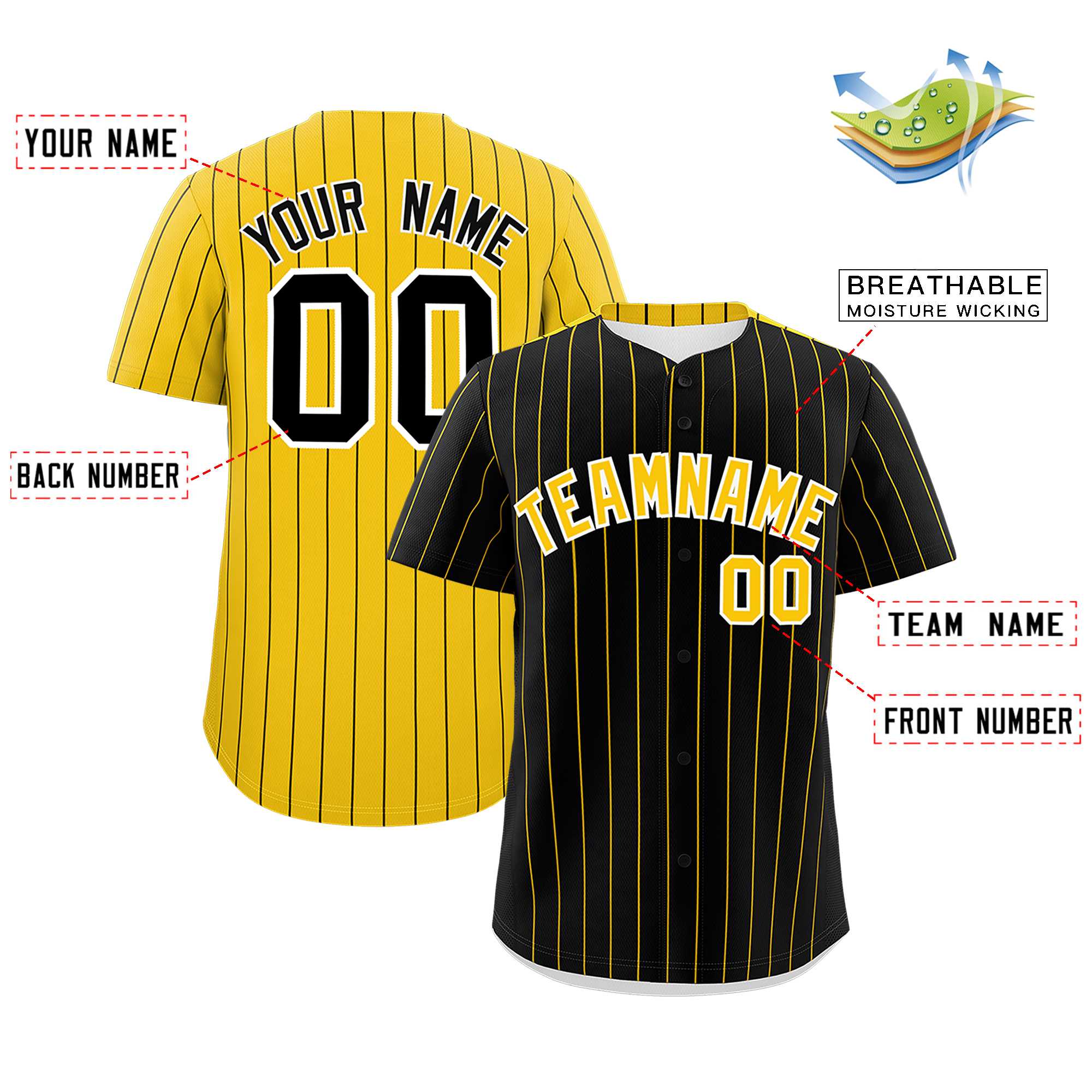 Custom Black Gold Pinstripe Personalized Two-Tone Authentic Baseball Jersey